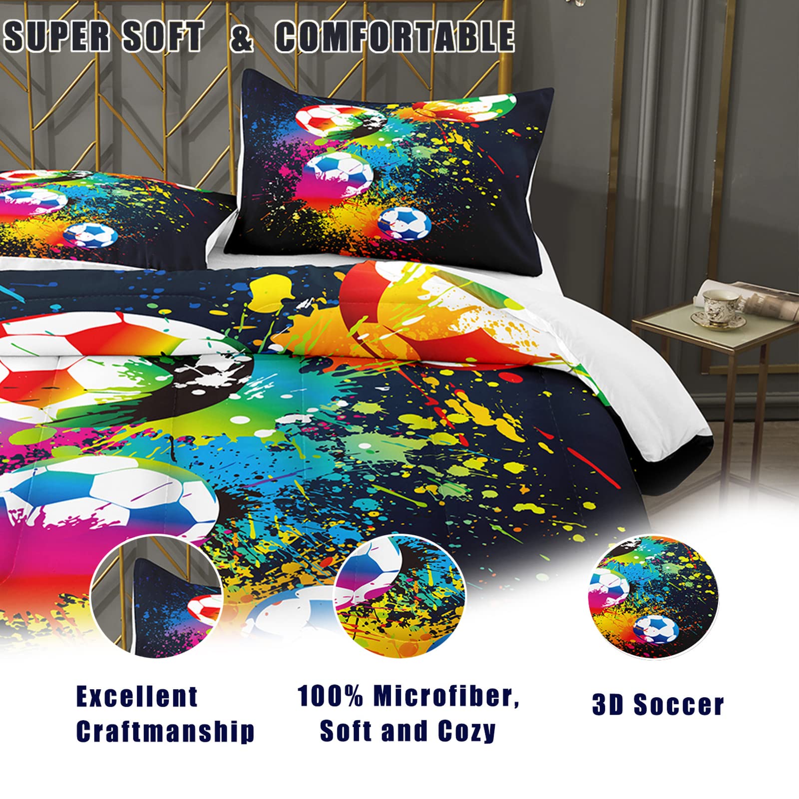 Boys Soccer Comforter Set King - Sports Bedding for Teens & Kids with Pillowcases - Perfect for Bedrooms & Dorms