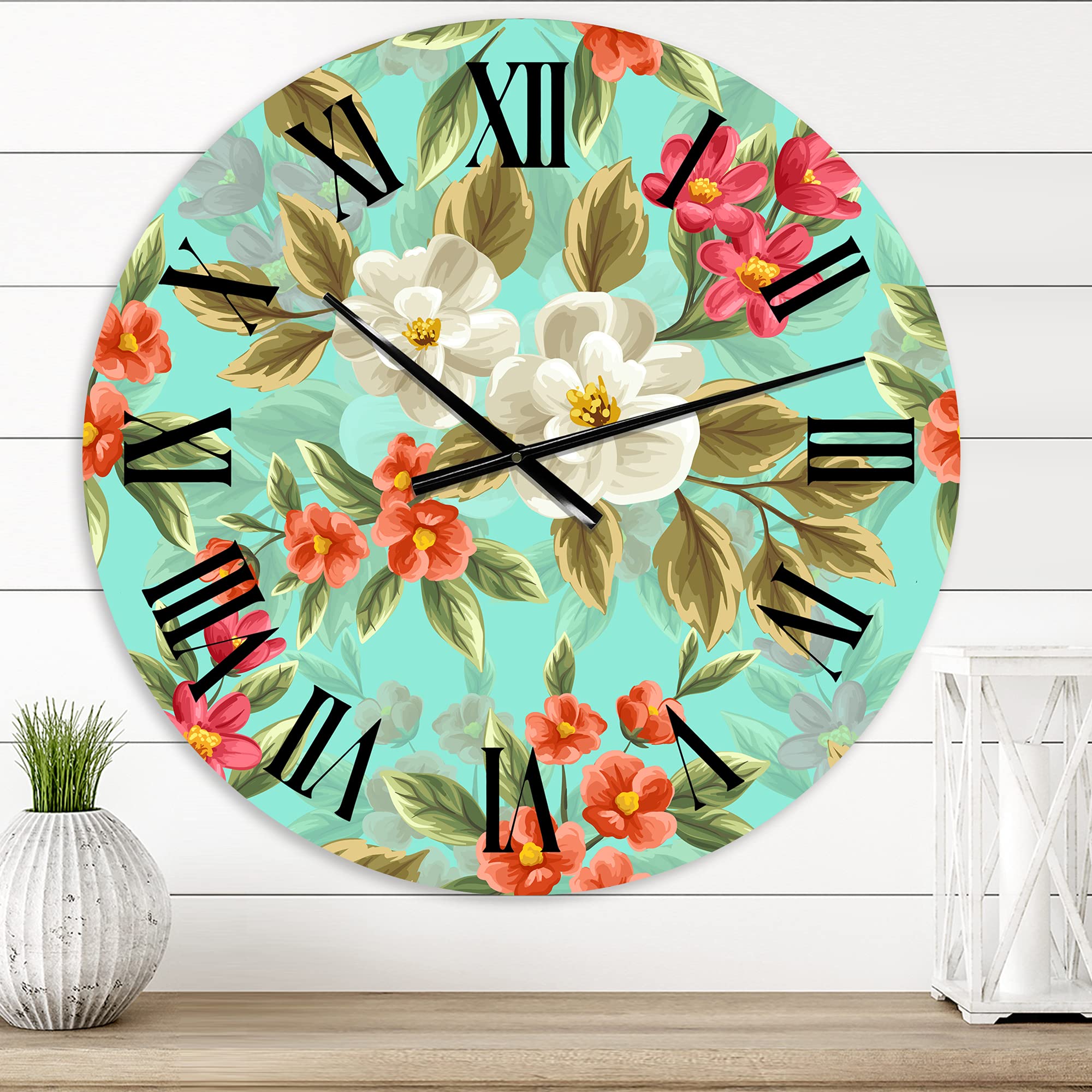 DesignQ Traditional Floral Seamless Pattern Large Wall Clock - Elegant Botanical Decor for Office, Living Room & Bedroom | Silent Non-Ticking Mechanism