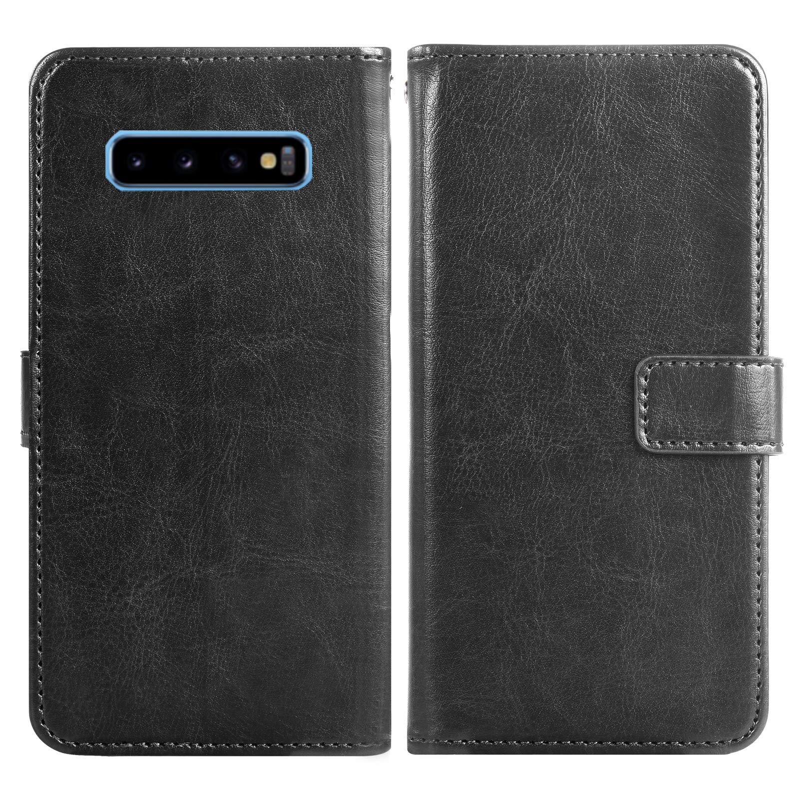 Premium Samsung Galaxy S10 Plus Wallet Case with Tempered Glass Screen Protector - Flip Cover with Card Holder for Galaxy S10+ (Black) | Perfect for Business Professionals & Daily Commuters