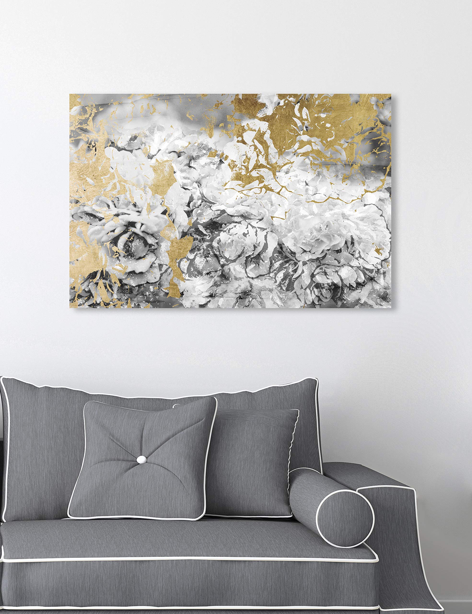 Silver Camellias Abstract Wall Art Canvas Print - 24x16 Inch Gray & Gold Modern Home Decor | Perfect for Living Room, Bedroom or Office Decoration