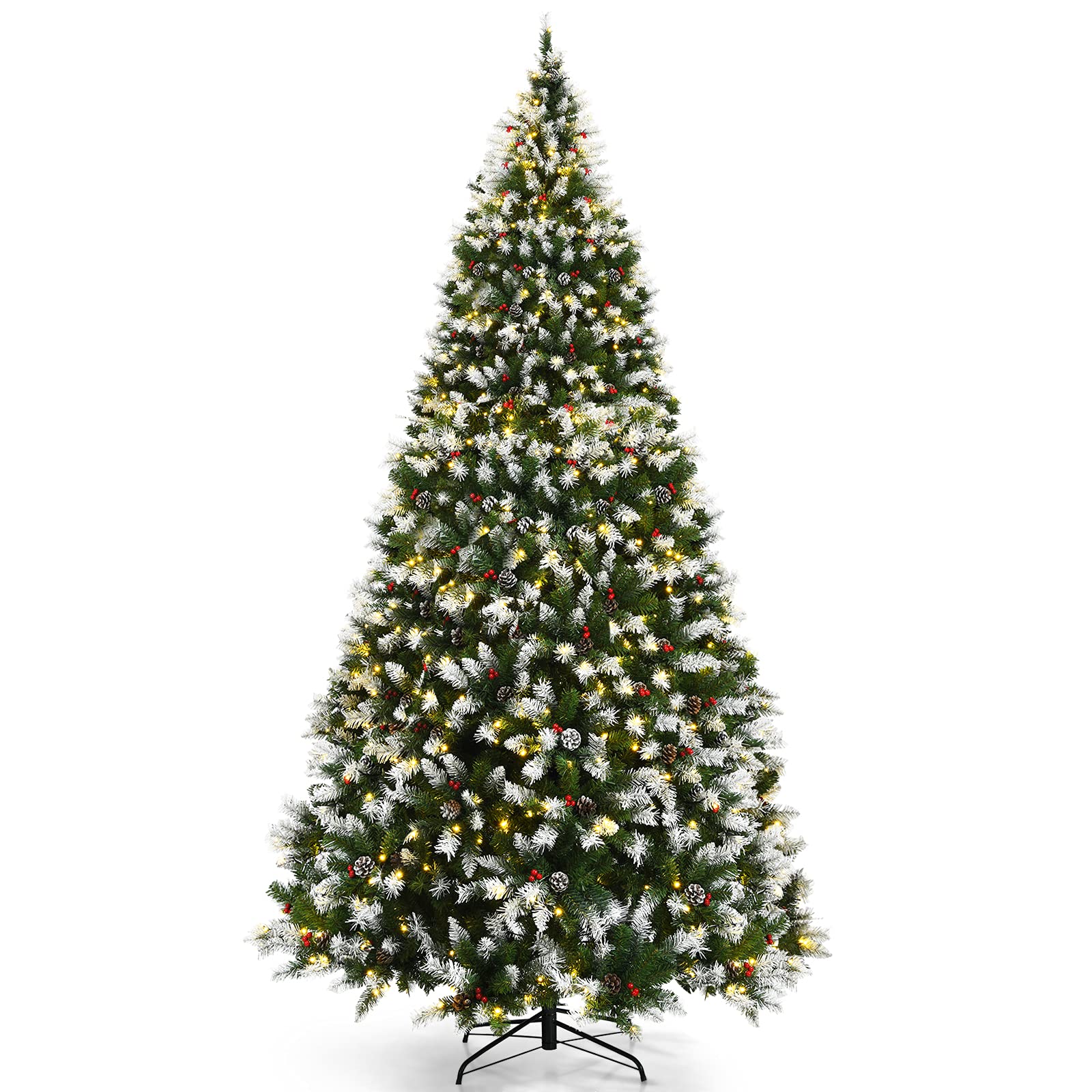 Goplus 9ft Pre-lit Artificial Christmas Tree with Snow Flocked Branches, Pine Cones & Red Berries - 900 Warm White LED Lights, 8 Lighting Modes for Indoor Holiday Decor - Perfect for Living Room, Office & Christmas Party Decoration