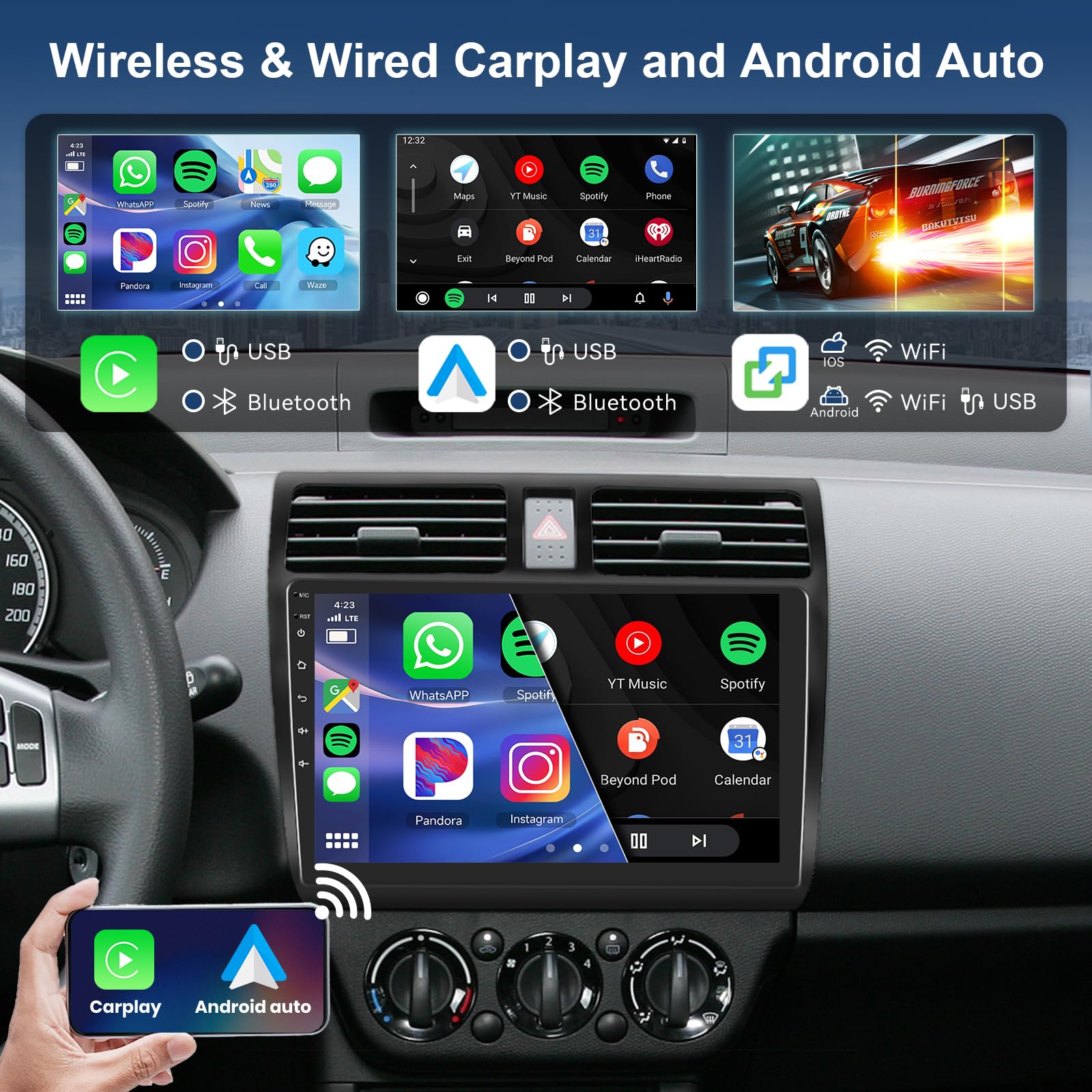 10.1 Inch Android Car Stereo for Suzuki Swift 2005-2010 - Wireless CarPlay & Android Auto, Bluetooth, GPS Navigation, WiFi, FM RDS, HD Touchscreen with Backup Camera & Steering Wheel Control - Perfect for Road Trips & Daily Commutes
