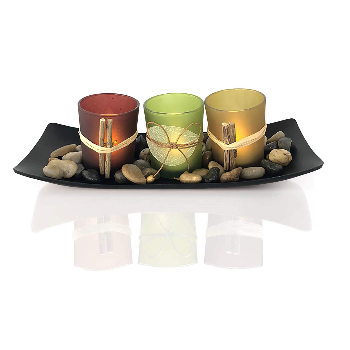 SOONHUA Vintage Glass Candle Holder Set with Tray - 3 Piece Decorative Centerpiece with Ornamental Stones for Dining Table, Coffee Table, Wedding Decor - Perfect for Romantic Dinners, Home Decor & Holiday Centerpieces