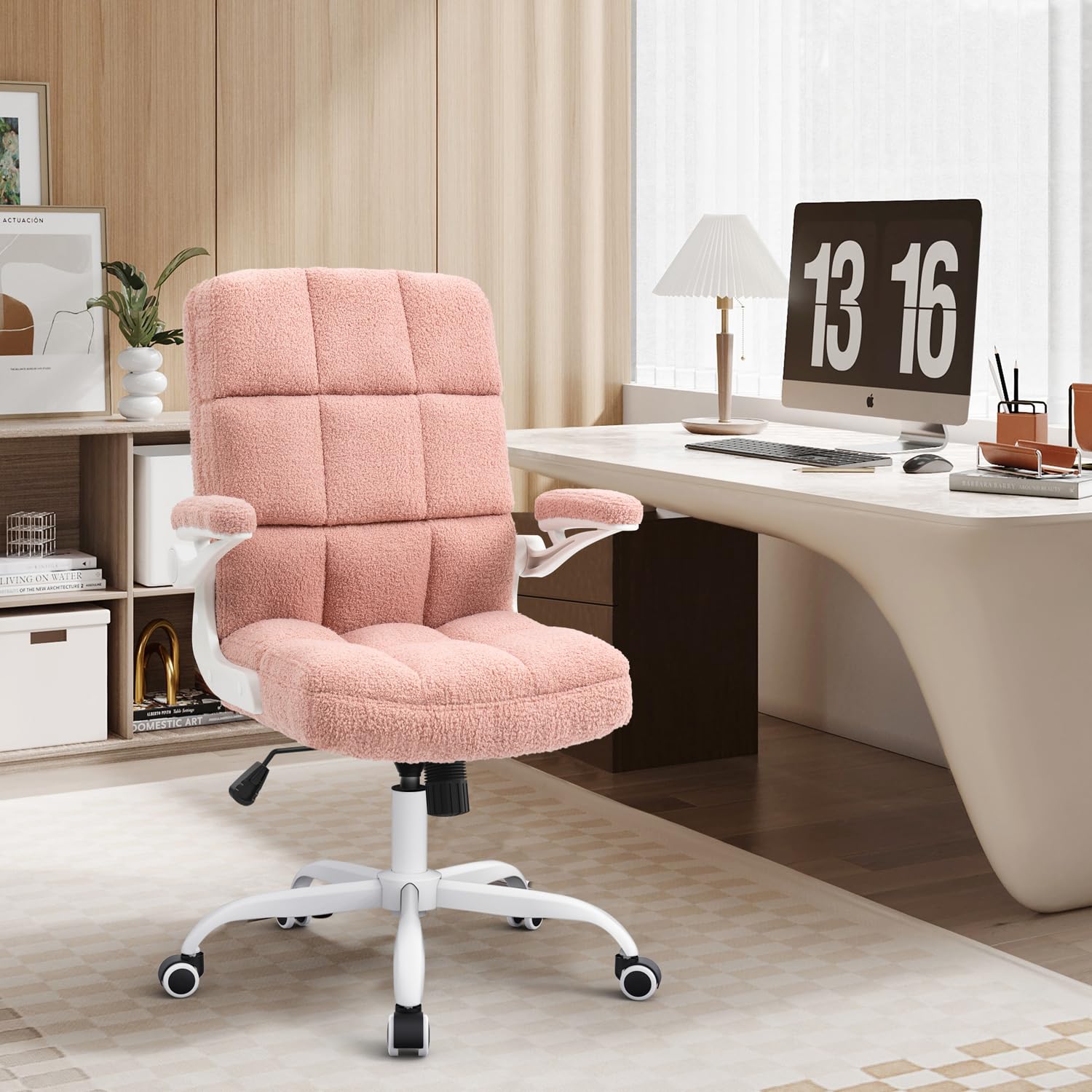 Ergonomic Home Office Chair with Flip-Up Arms & Lumbar Support - Pink Faux Fur Executive Desk Chair for Comfortable Computer Work | Perfect for Remote Work, Gaming & Study Sessions