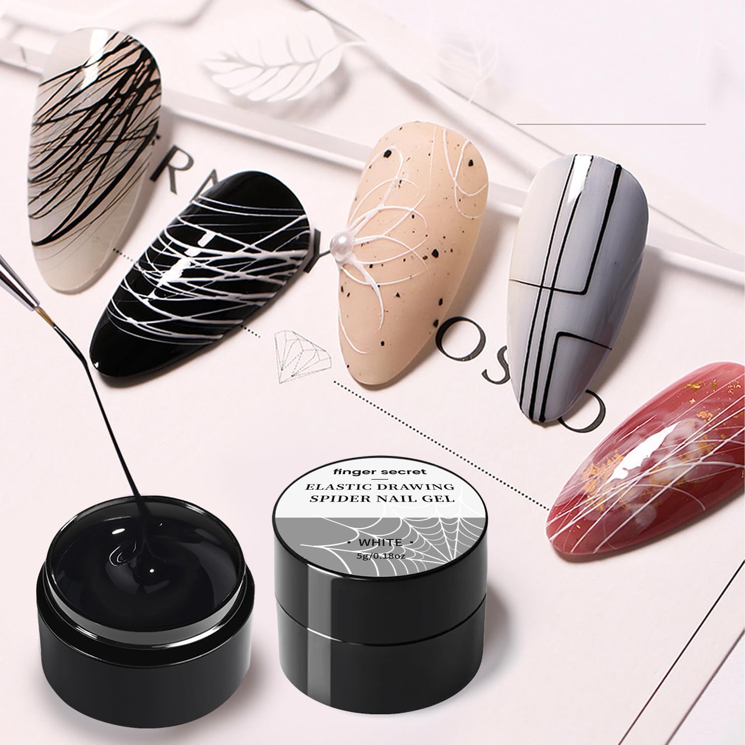 Spider Nail Gel 5g/0.18oz - Professional Nail Art Drawing Gel Set for Wire Line Designs - Includes White & Black Colors with Nail Art Brushes - Perfect for Salon, DIY Manicures & Creative Nail Designs