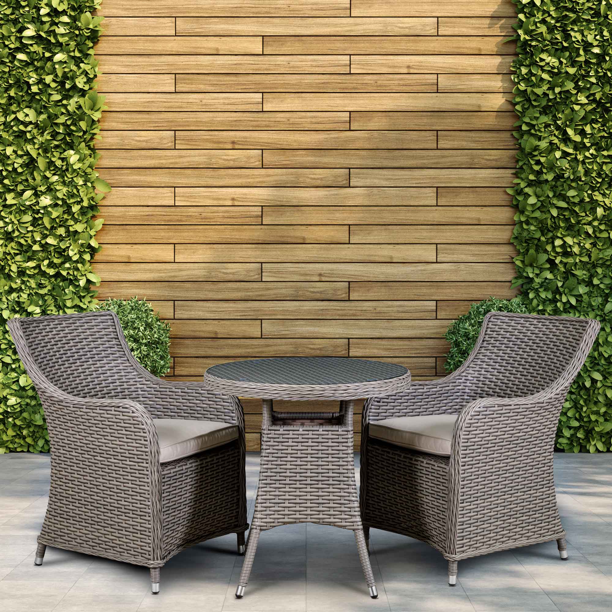 Chester 3-Piece Rattan Wicker Outdoor Dining Set with Tempered Glass Table Top - Brown DG86 | Patio, Garden & Backyard Furniture for Dining Al Fresco