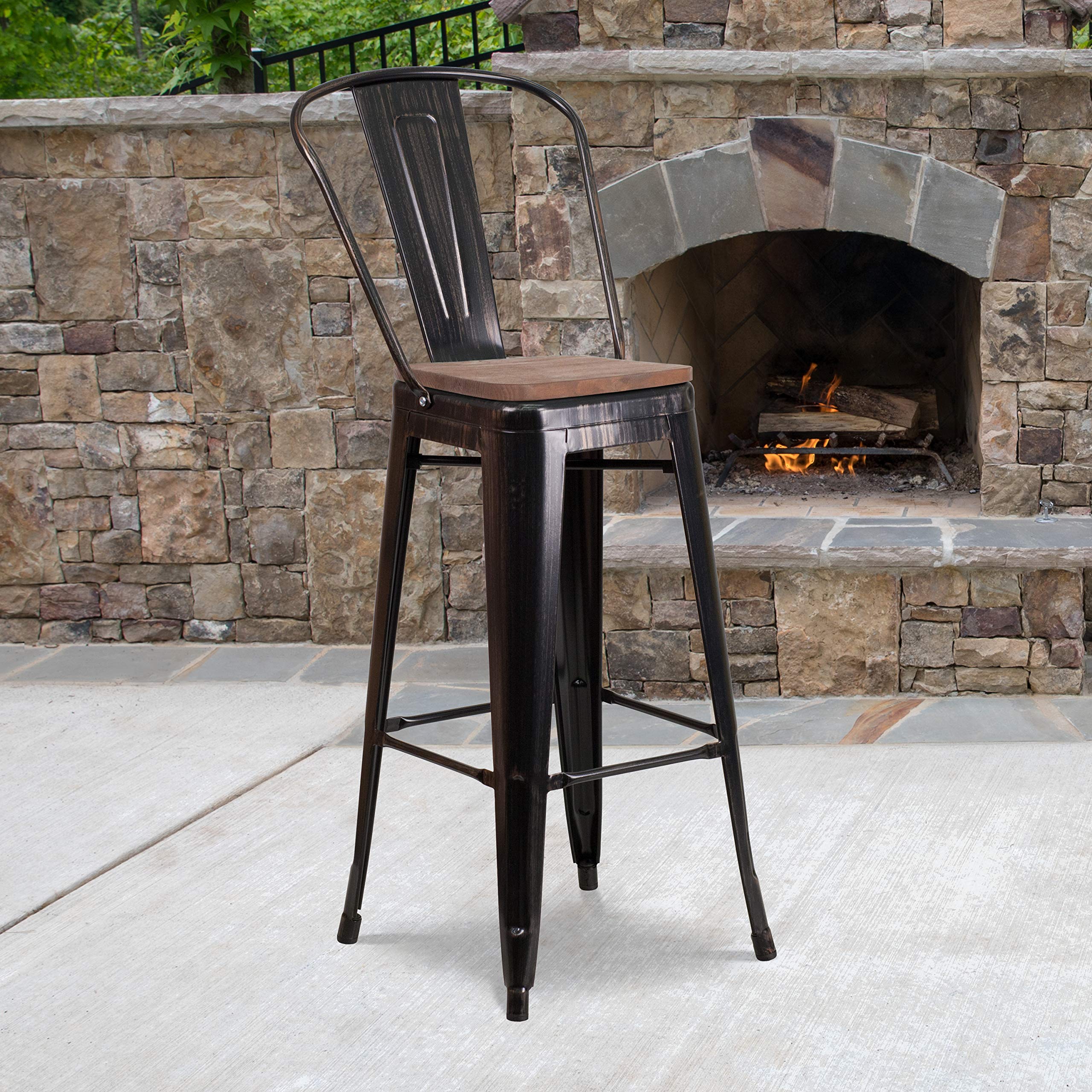 EMMA + OLIVER 30 Inch Black and Antique Gold Metal Bar Stool with Backrest and Wooden Seat - Perfect for Kitchen Islands, Home Bars, and Dining Counter Height Tables