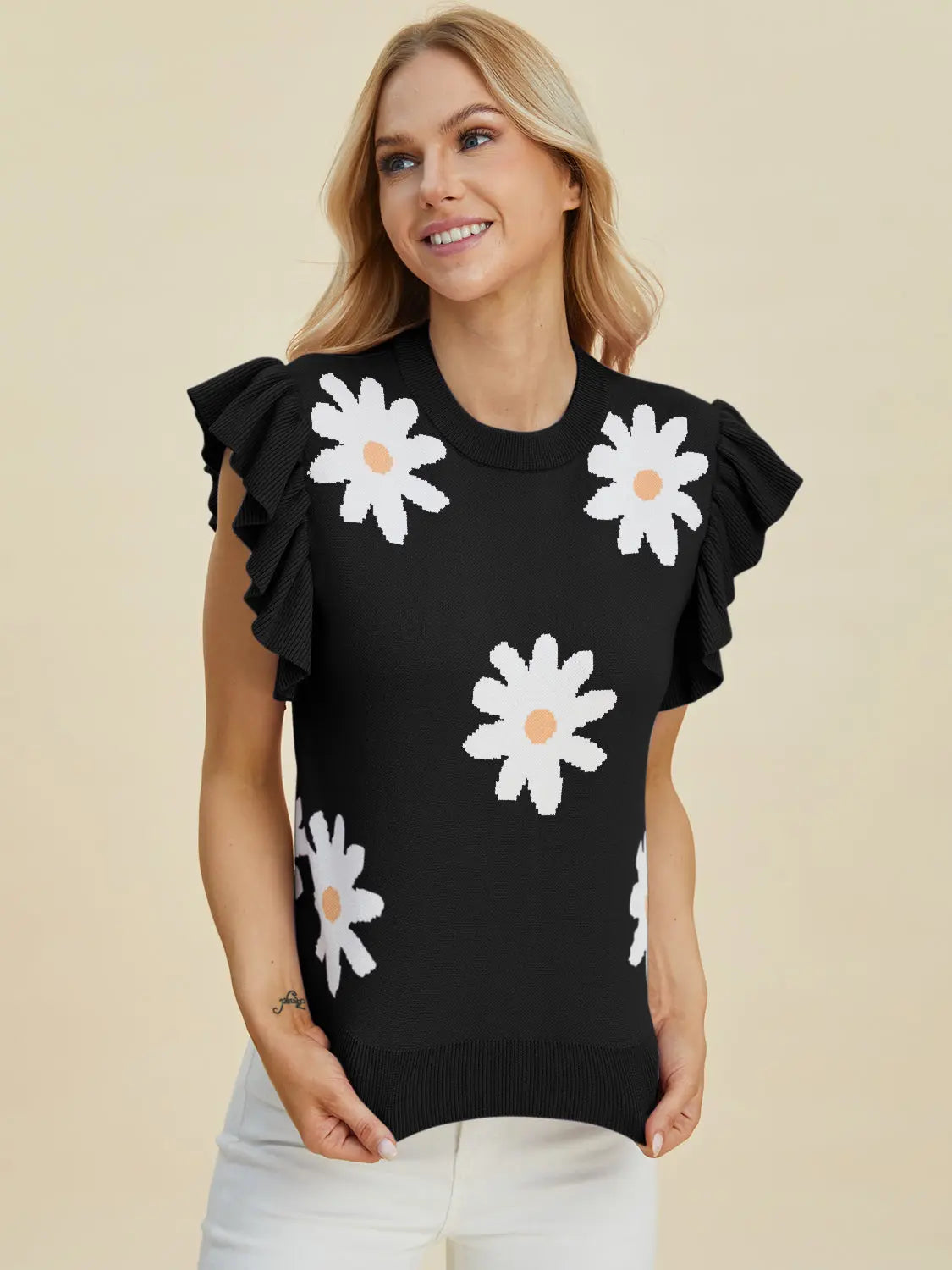 Double Take Full Size Ruffled Flower Round Neck Cap Sleeve Sweater - Women's Floral Knit Top for Casual Wear, Date Night & Office Outfits