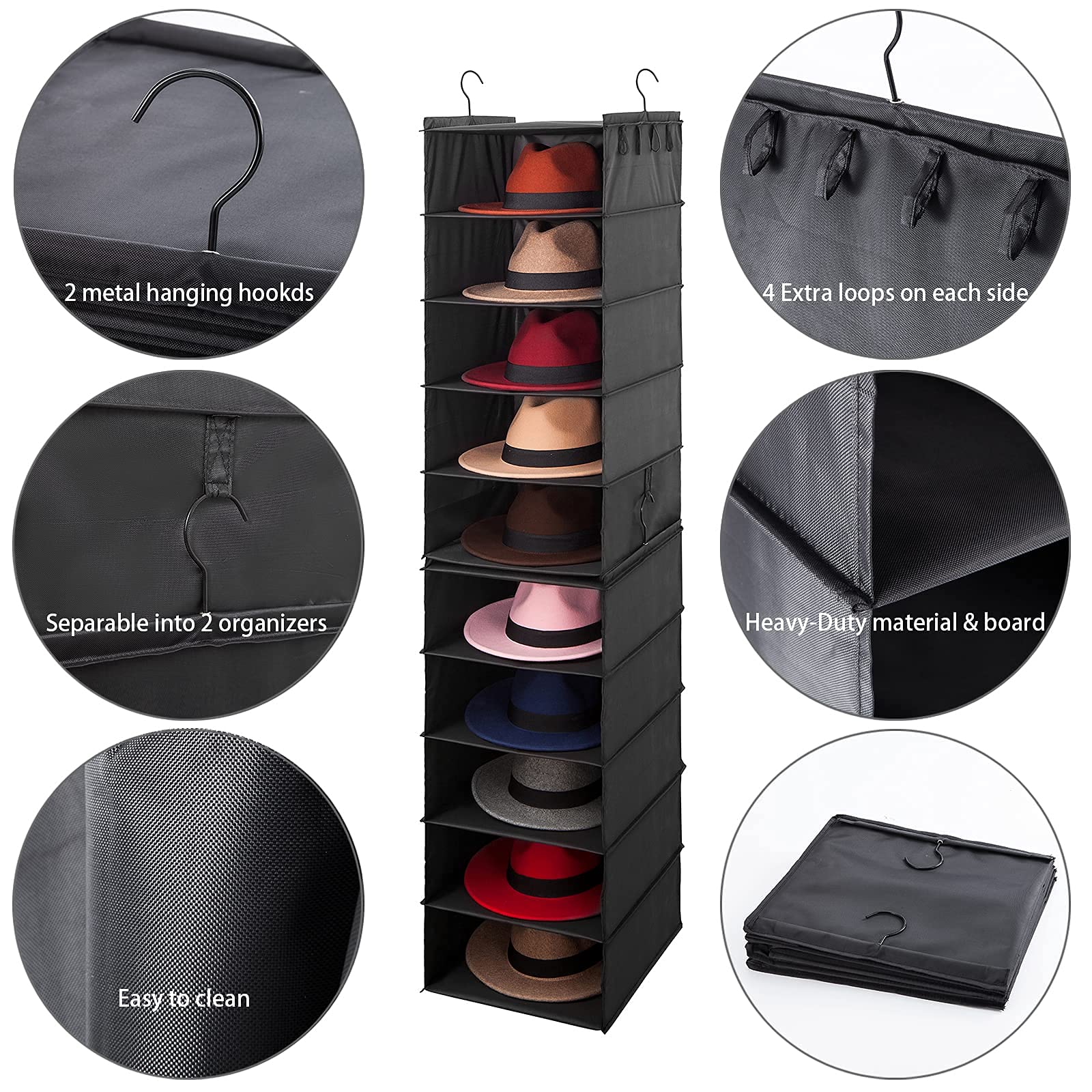 2-Pack Black Hat Rack for Closet - 10-Shelf Hanging Organizer for Fedoras, Cowboy Hats & Wide Brim Sunhats - Space-Saving Cap Storage Solution - Easy to Install (Perfect for Bedroom, Walk-in Closet & Entryway Organization)