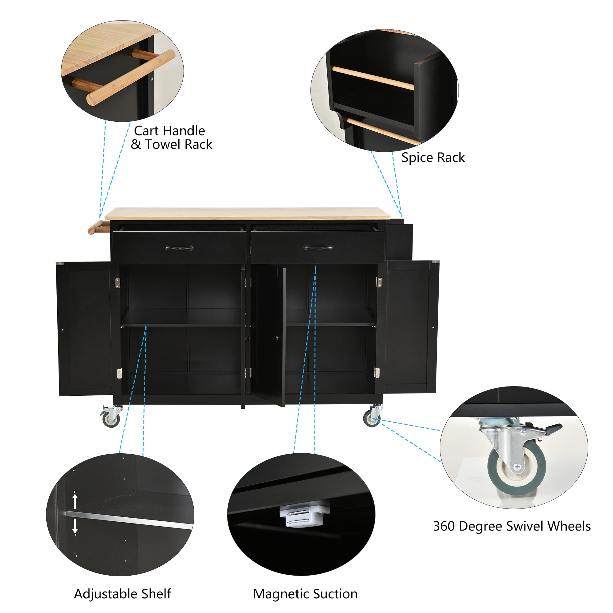 Tmosi Rolling Kitchen Island Cart with Storage - Solid Wood Top Mobile Kitchen Cart with 2 Drawers, Spice Rack & Towel Rack - Perfect for Small Kitchens, Dining Rooms & Food Prep Areas (Black)