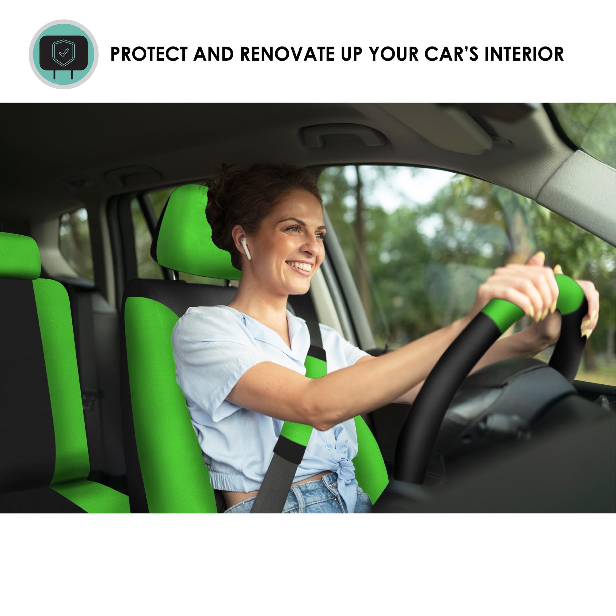 FH Group Light Breezy Green Car Seat Covers Combo Set - Universal Fit for Cars, Trucks & SUVs | Includes Luxe Carpet Floor Mats & Steering Wheel Cover | Perfect for Summer Driving & Interior Protection