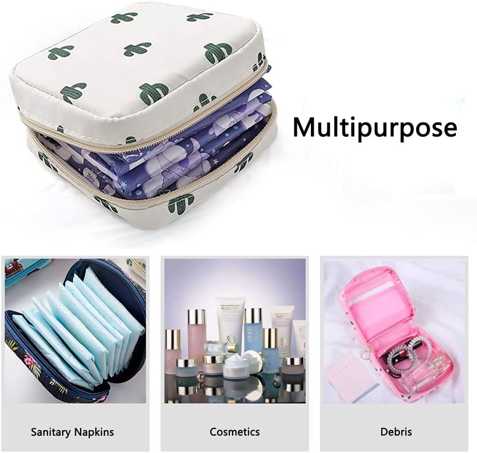 Quirky Nylon Sanitary Napkin Storage Bag with Zipper - Discreet Menstrual Pad Organizer for Purse & Travel - First Period Kit for Teen Girls - Women's Hygiene Essential (White Cactus Design) - Perfect for School, Work, Gym & On-the-Go