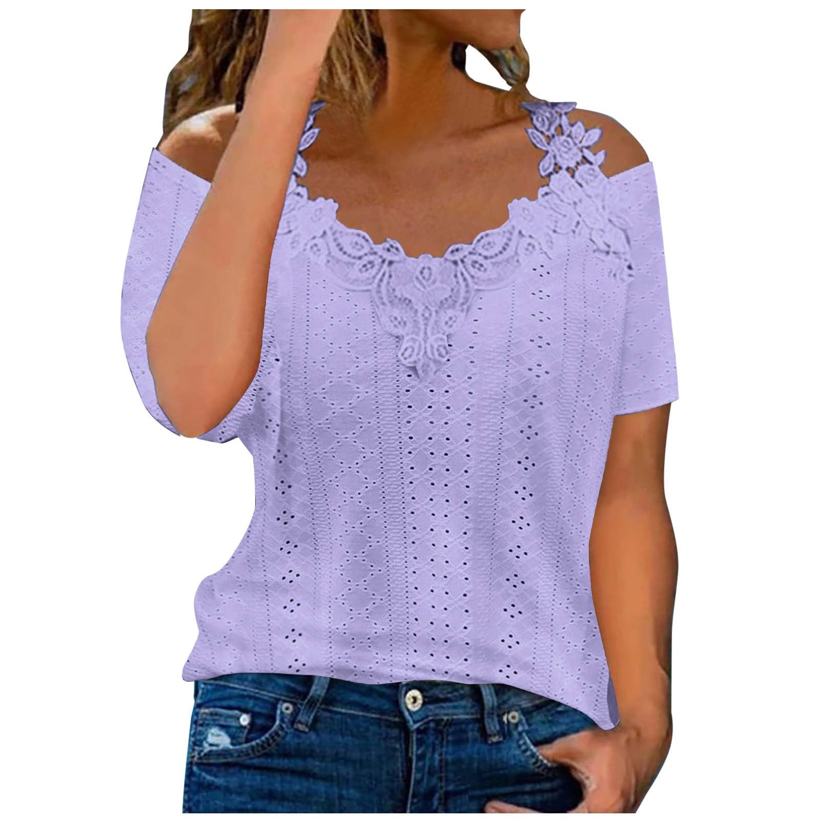 Women's Lace Crochet Off-Shoulder V-Neck Short Sleeve T-Shirt - Summer Tunic Blouse for Casual Outings & Beach Wear