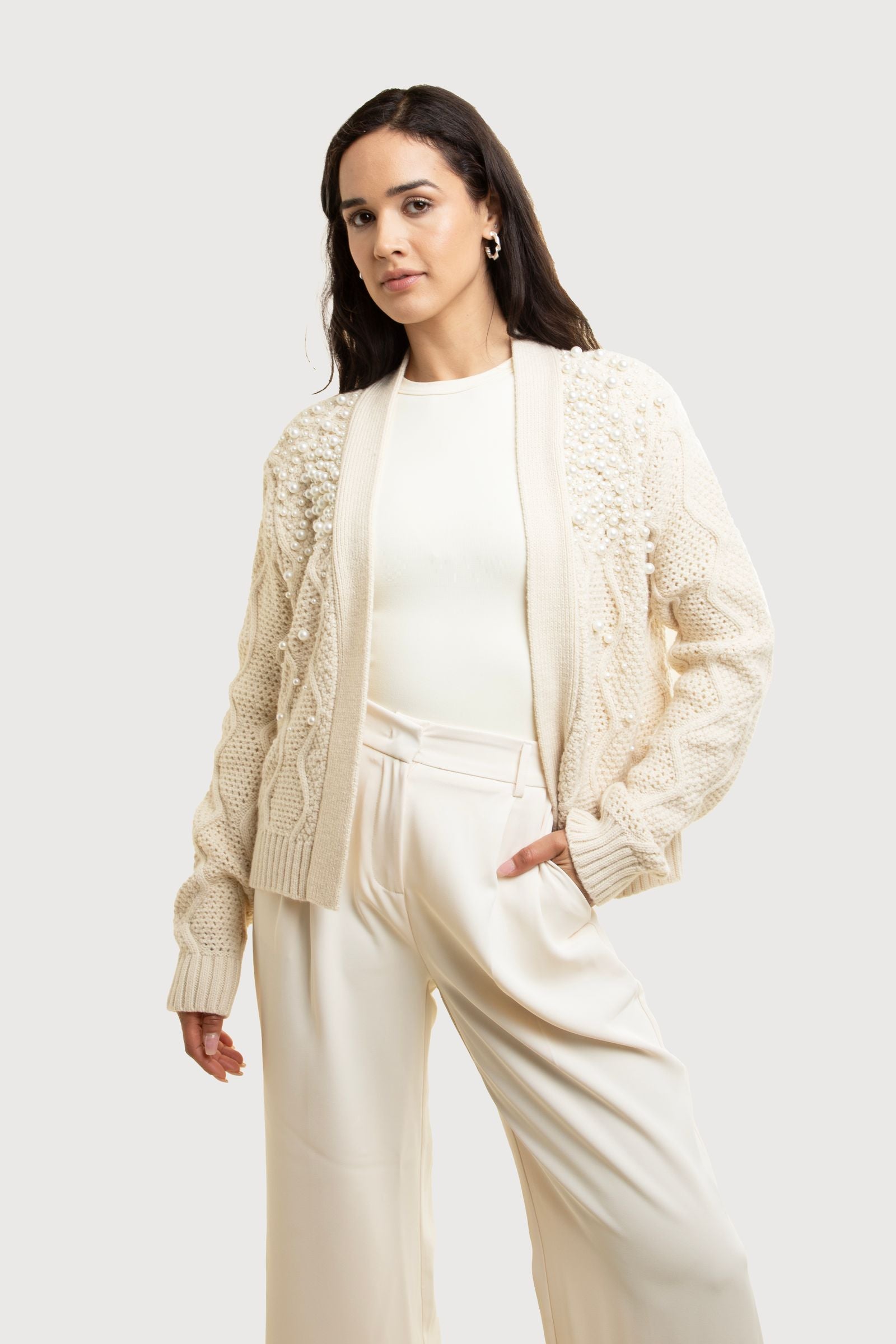 Elegant Pearl Embellished Cardigan for Women - Soft Knit Open Front Sweater - Perfect for Office, Date Night & Special Occasions
