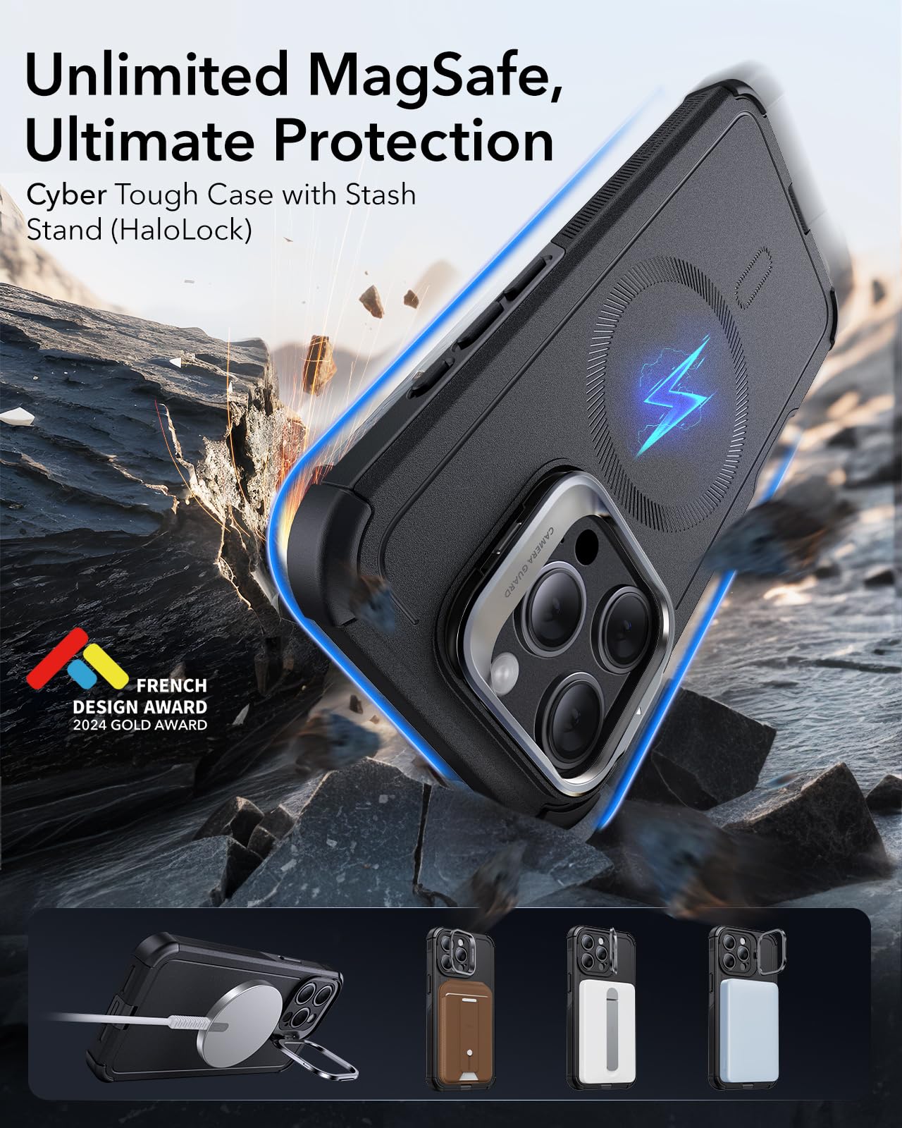 ESR for iPhone 15 Pro Max Case with Stand - Military-Grade Drop Protection (23 ft), Heavy Duty Magnetic Phone Cover Compatible with MagSafe Accessories | Cyber Series in Black | Perfect for Work, Travel & Outdoor Activities
