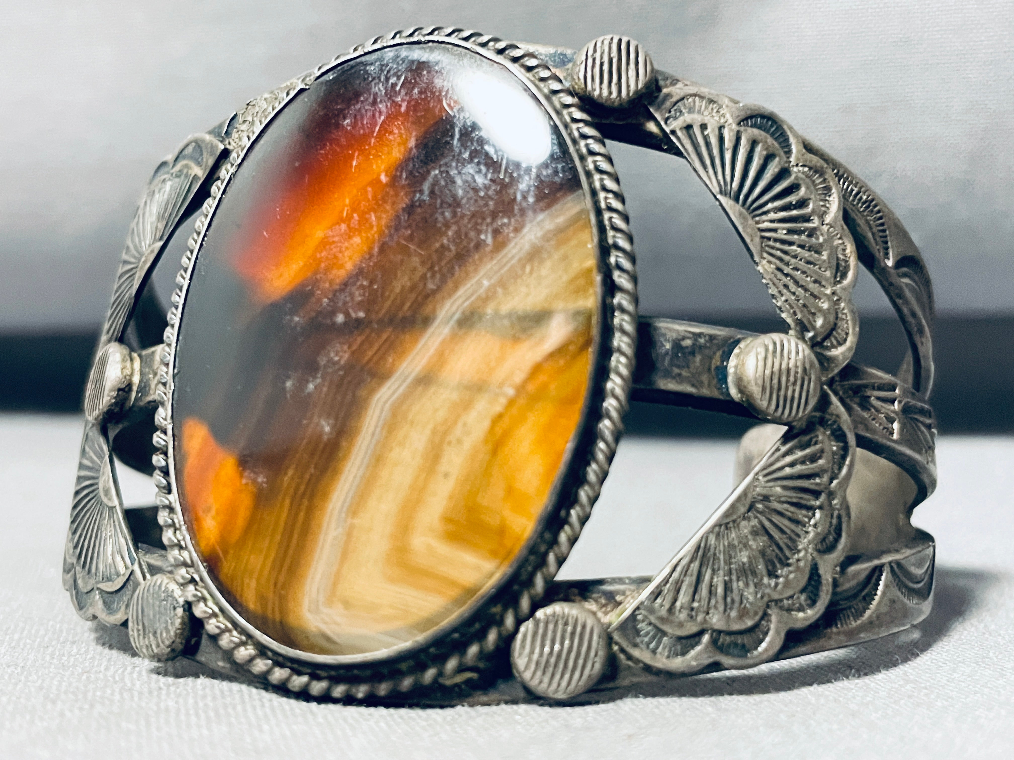 Vintage 1940s Navajo Sterling Silver Bracelet with Petrified Wood - Authentic Native American Jewelry for Collectors & Boho Fashion