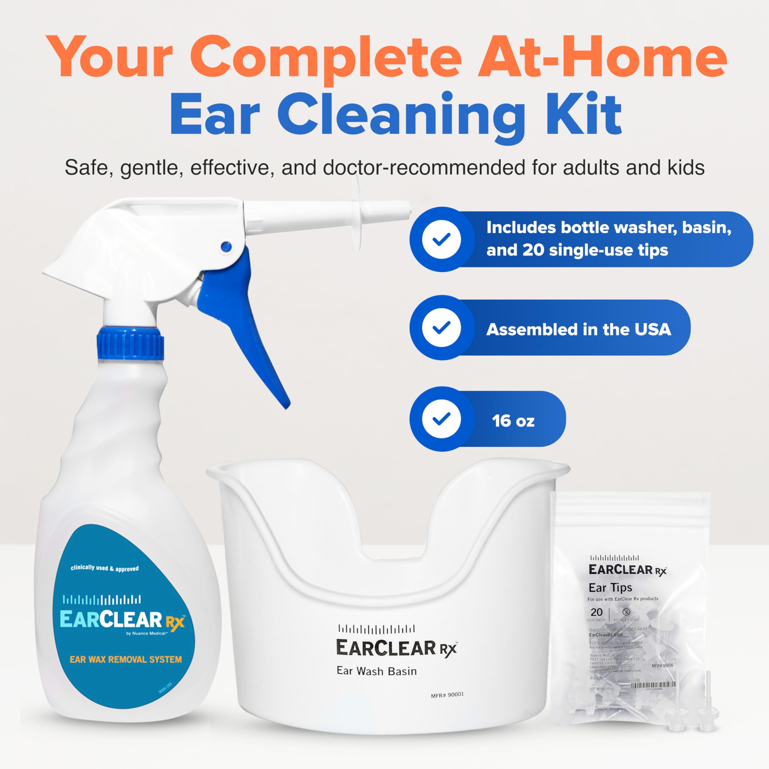 **EarClear Rx Complete Ear Wax Removal & Cleaning Kit – Safe, Gentle, Doctor-Recommended for Adults & Kids – Includes Bottle Washer, Basin & 20 Rigid & Flexible Tips – Perfect for Home Use, Travel, and Professional Ear Care**