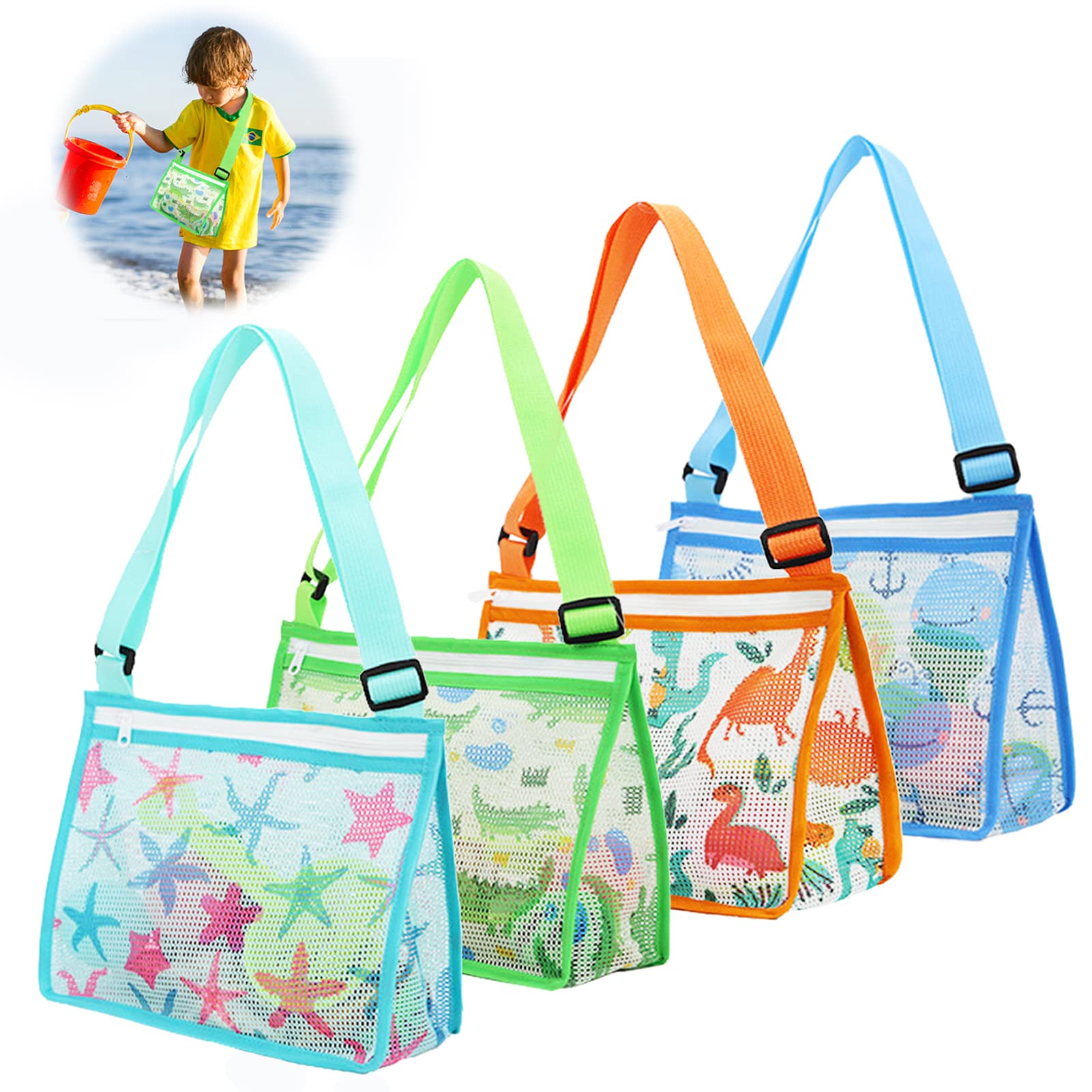 Kids Mesh Beach Toy Bag - 4-Pack Sand & Shell Collecting Totes for Boys and Girls - Durable Swimming Accessories for Beach Trips, Pool Parties & Outdoor Adventures
