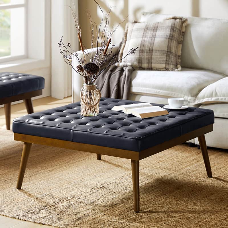 Elisa Mid Century Modern Genuine Leather Ottoman Footrest - Stylish Living Room Accent for Home Decor & Lounge Comfort