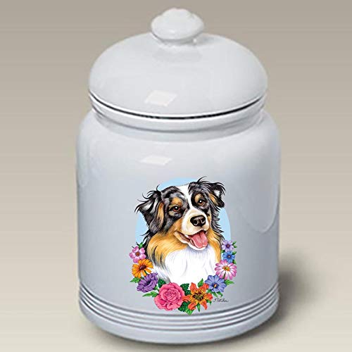Premium Blue Merle Australian Shepherd Ceramic Dog Treat Jar - Best of Breed Design for Pet Treat Storage - Perfect for Kitchen Counter, Pet Room, or Gift for Dog Lovers