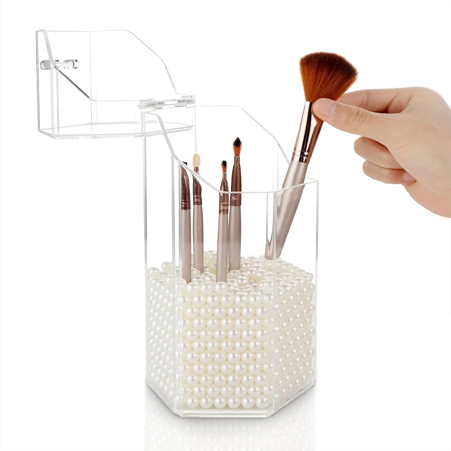 Hexagon Acrylic Makeup Brush Holder with Lid - Dustproof Cosmetic Organizer & Storage Case with White Pearl - Perfect for Bathroom, Dresser, Vanity and Countertop (Clear) - Ideal for Travel, Home Decor & Beauty Storage Organization