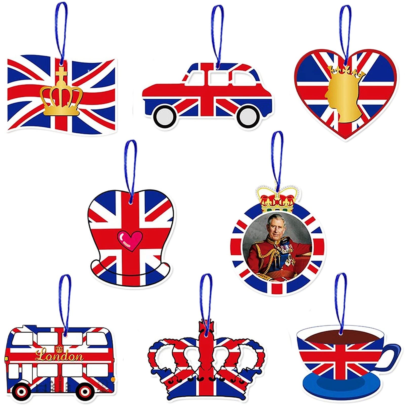 8Pcs Union Jack Coronation Hanging Ornaments - British Royal Party Decorations for King Charles III Coronation Souvenirs 2023 | Perfect for Home Decor, Christmas Tree, Garden & Royal Celebration Parties