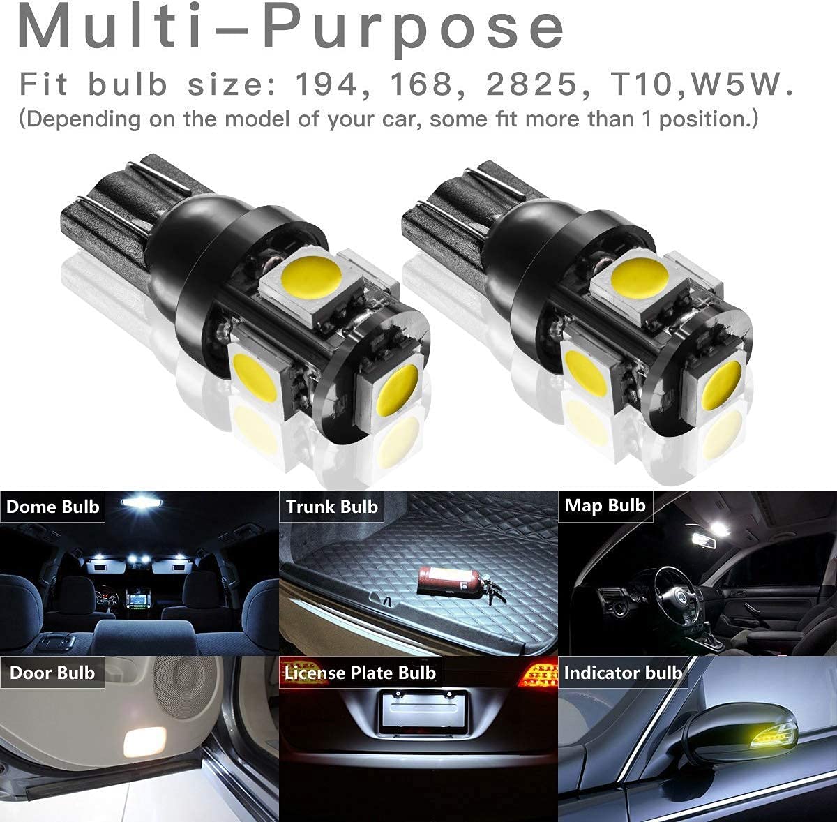 MarsAuto 194 LED Light Bulbs - Super Bright T10 168 2825 5SMD LED Bulbs for Interior Car Lights, License Plate Lights, Dome Map & Door Lights | Perfect for Car Upgrades & Nighttime Visibility