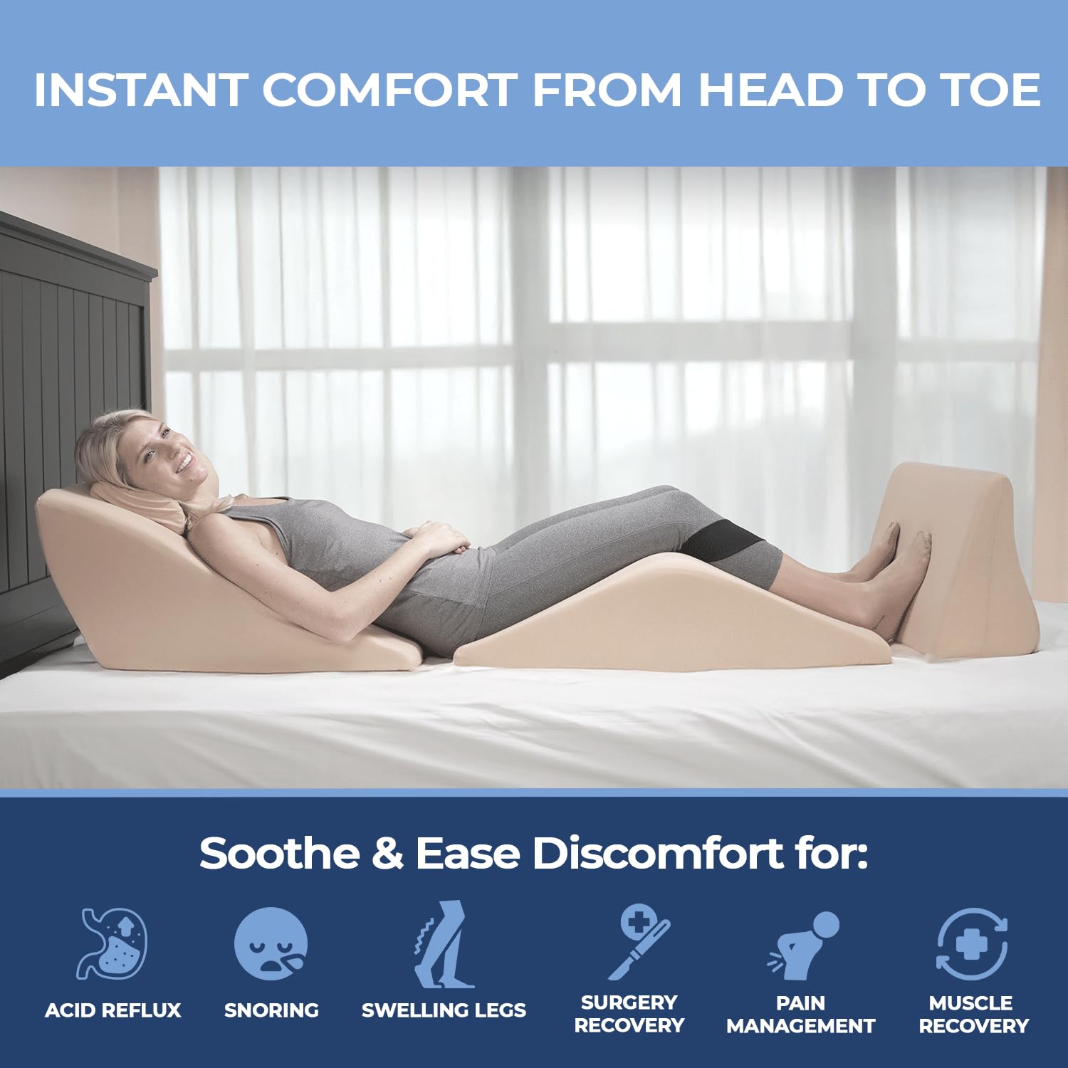 Contour BackMax Bed Wedge Lumbar Support Pillow System - Orthopedic Zero Gravity Multi-Positional Back, Leg & Knee Elevation for Sleep, Recovery & Pain Relief - Includes Bonus Half Roll Neck Pillow - Perfect for Back Pain Sufferers, Post-Surgery Recovery & Comfortable Sleeping Positions