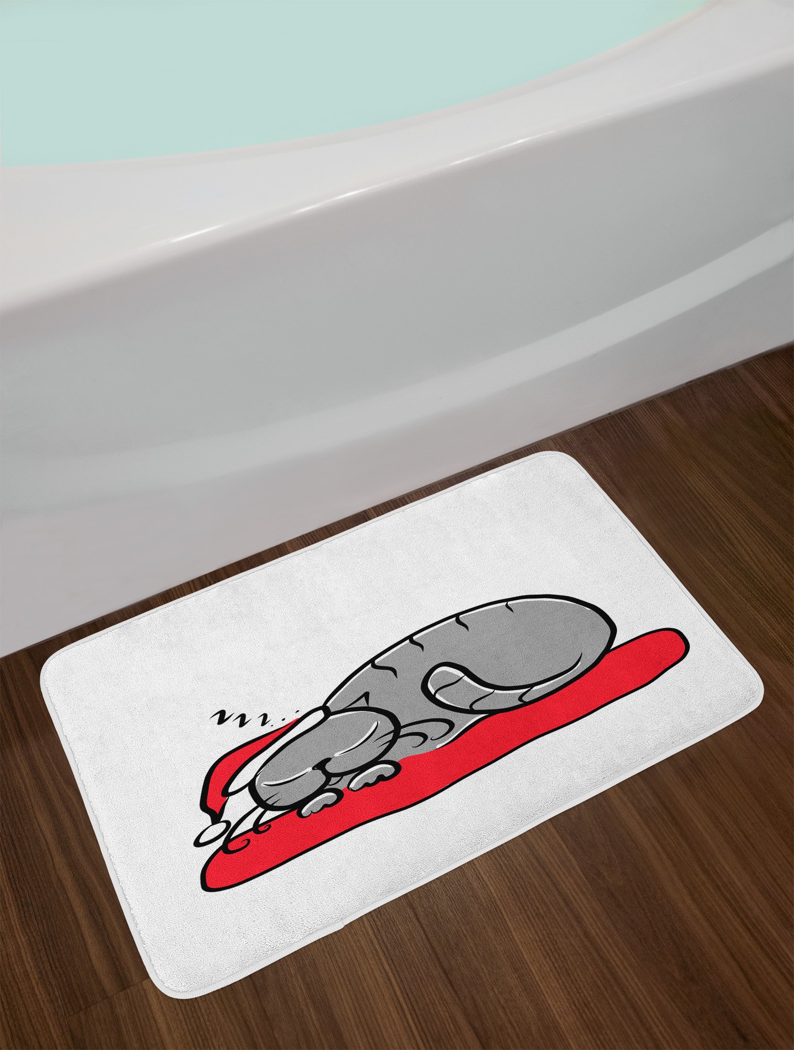 Ambesonne Christmas Cat Bath Mat - Non-Slip Plush Bathroom Rug with Santa Hat Design, 30.2 x 20 Inches, White Red Grey - Perfect for Holiday Decor, Winter Bathroom Accent & Cozy Home Gift