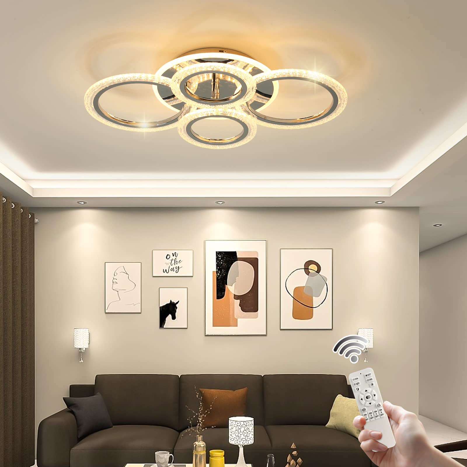 Garwarm Modern 4-Ring LED Flush Mount Ceiling Light - Dimmable Acrylic Chandelier with Remote Control - Chrome Finish Lighting Fixture for Living Room, Kitchen, Bedroom - Perfect for Modern Home Decor & Ambient Lighting