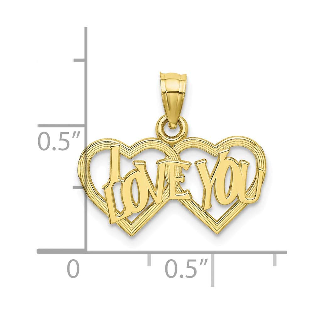 10K Yellow Gold I Love You Double Heart Charm Necklace - Polished & Textured Pendant with 18