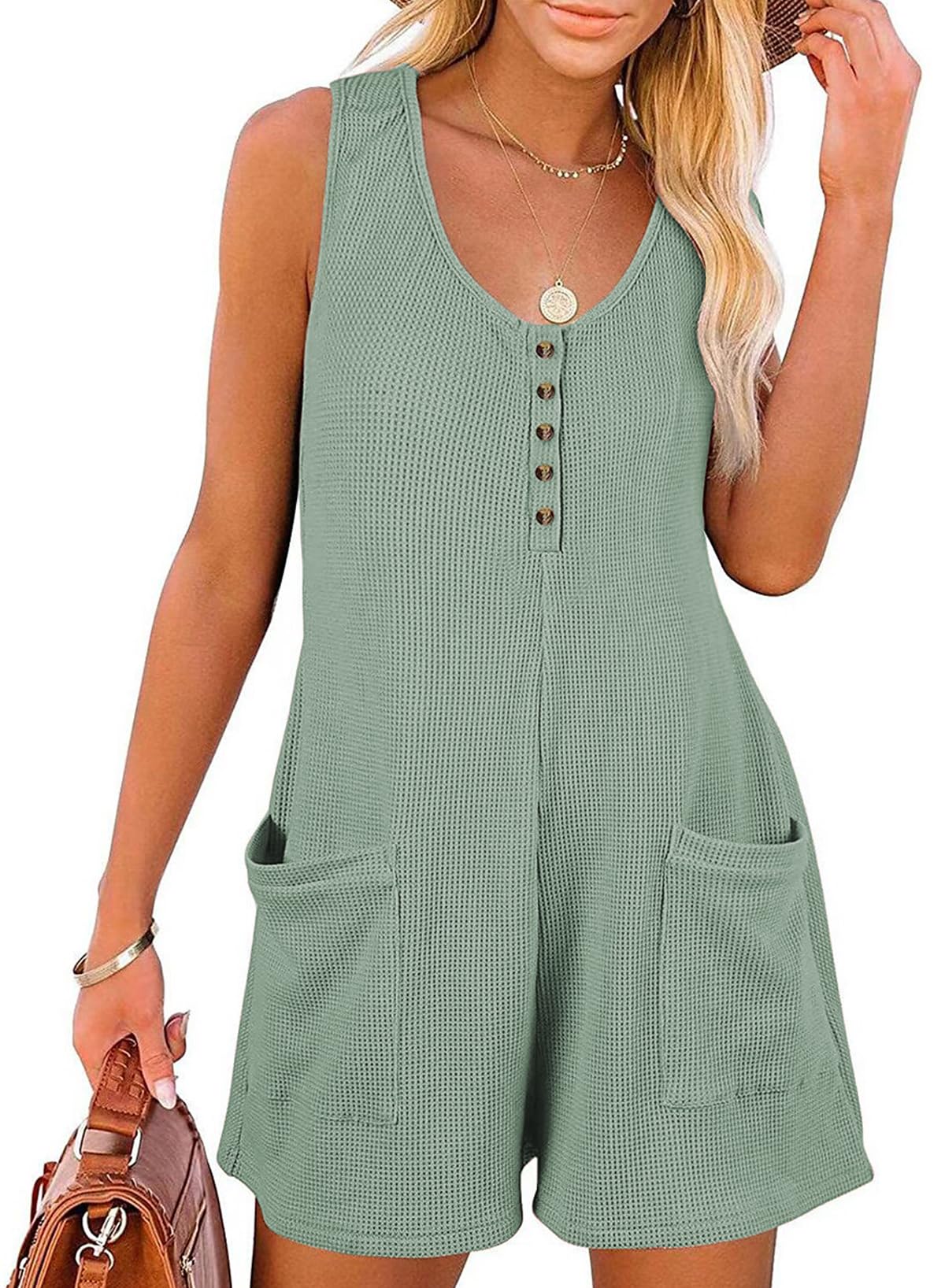 AlvaQ Women's Short Jumpsuit - Solid Color Summer Casual Romper with Waffle Texture, Button Front & Pockets | Perfect for Beach Outings, Vacation Wear & Casual Summer Fashion