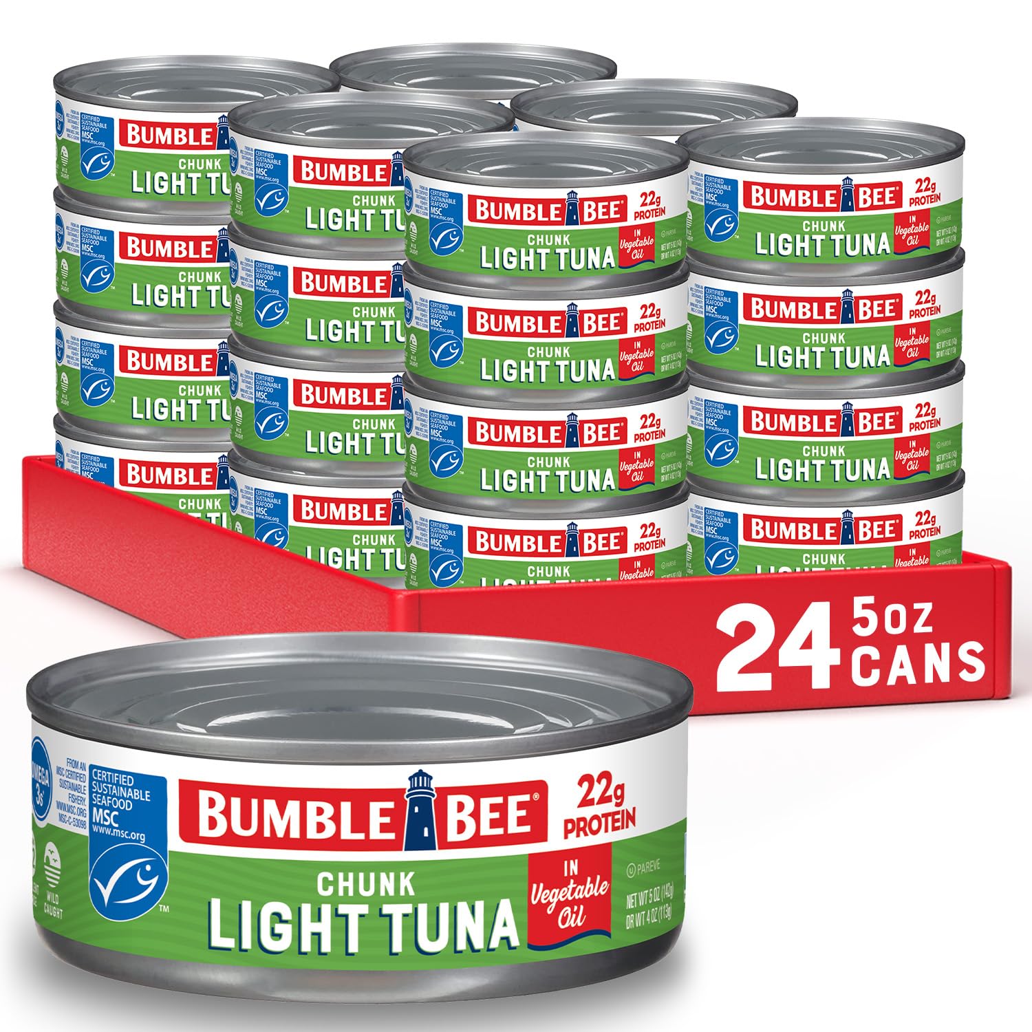 Bumble Bee Chunk Light Tuna in Oil, 5 oz Cans (Pack of 24) - Wild Caught Skipjack Tuna - High Protein 22g per Serving - MSC Certified Sustainable Seafood - Non-GMO, Gluten Free, Kosher - Perfect for Salads, Sandwiches & Quick Meals