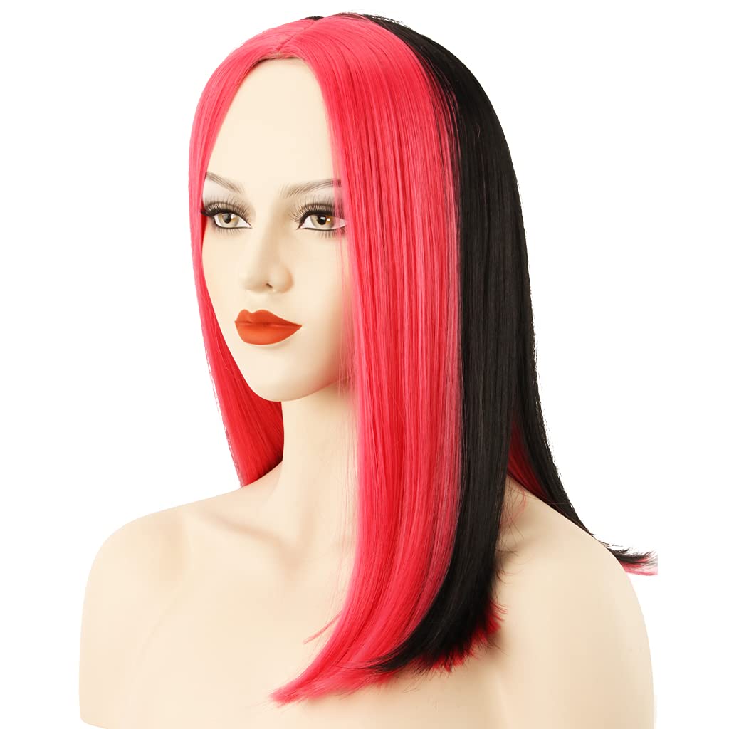 HH Building Strips Highlight Straight Shoulder Length Party Wig - Black & Rose Red Synthetic Hair for Cosplay, Halloween & Costume Parties