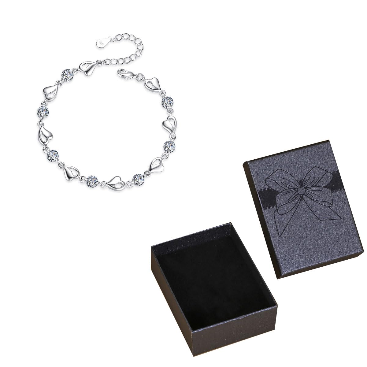 TQmate 925 Sterling Silver Heart Bracelet for Women - Adjustable Diamond Friendship Bracelet for Girls, Birthday Gift for Her, Perfect for Valentine's Day & Anniversary