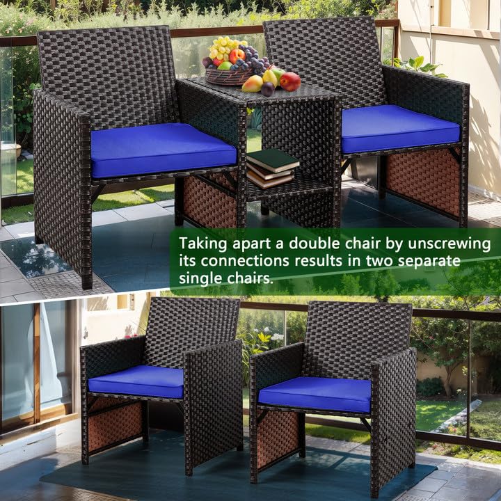 Shintenchi Outdoor Wicker Patio Conversation Set with Detachable Chairs & Table - 2 Removable Cushions, Rattan Wicker Loveseat for Patio, Garden, Backyard, Courtyard - Perfect for Relaxing, Entertaining & Outdoor Lounging (Deep Blue)