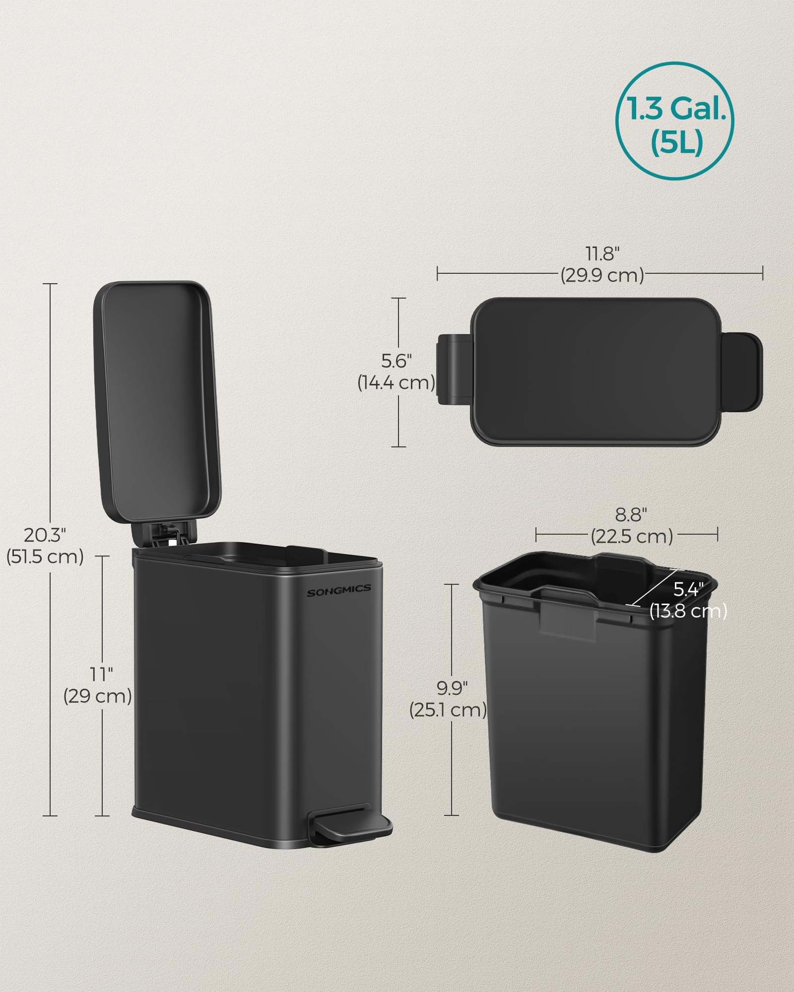 SONGMICS 1.3 Gallon Stainless Steel Bathroom Trash Can with Lid - Slim Small Garbage Bin for Tight Spaces, Soft Close Design, Black (ULTB560B05) - Perfect for Bathrooms, Kitchens, Offices & Small Apartments