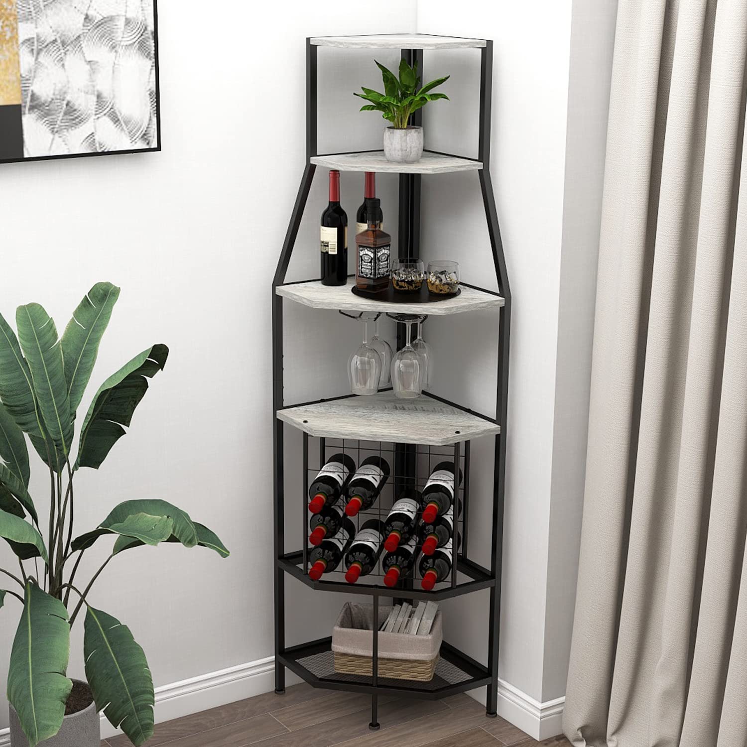 5-Tier Corner Wine Rack Floor Standing - Metal & Wood Wine Storage Shelf with Glass Holder for Kitchen, Dining Room, Home Bar | Space-Saving Corner Shelf for Wine Bottles & Stemware Organization