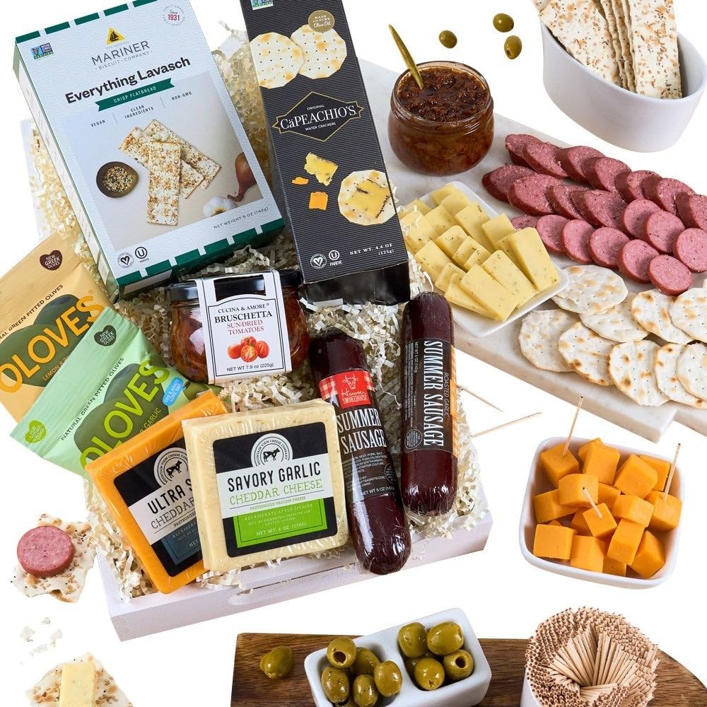 Gourmet Meat and Cheese Sampler Gift Basket - Premium Charcuterie Board with Assorted Cheeses, Cured Meats & Crackers | Perfect for Holidays, Housewarming, Corporate Gifts & Charcuterie Parties
