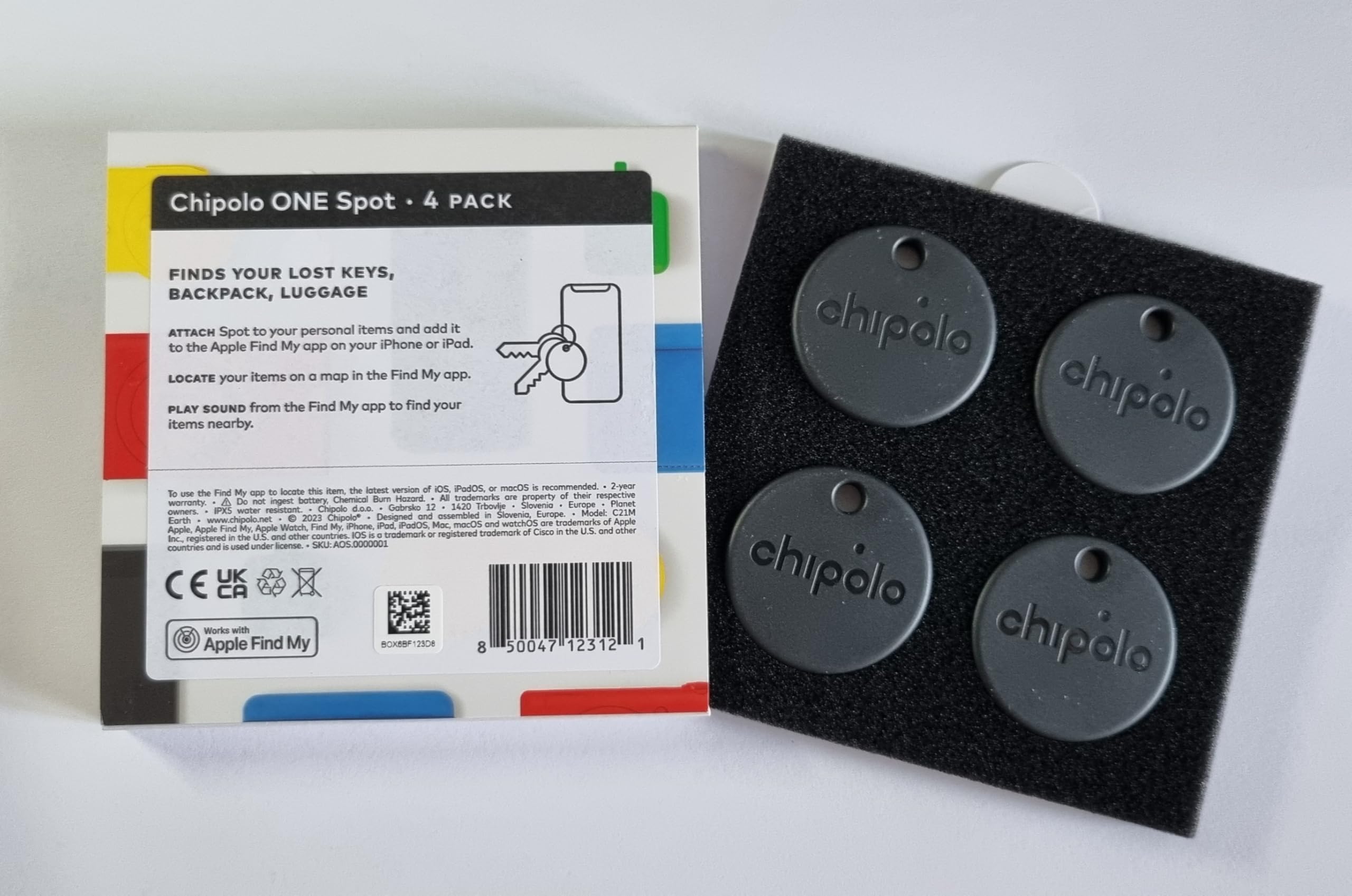 Chipolo Spot 4 Pack - Bluetooth Key Finder & Item Tracker for iOS | Compatible with Apple Find My App | Waterproof & Long Battery Life | Perfect for Keys, Wallets, Bags & Luggage Tracking (Almost Black)