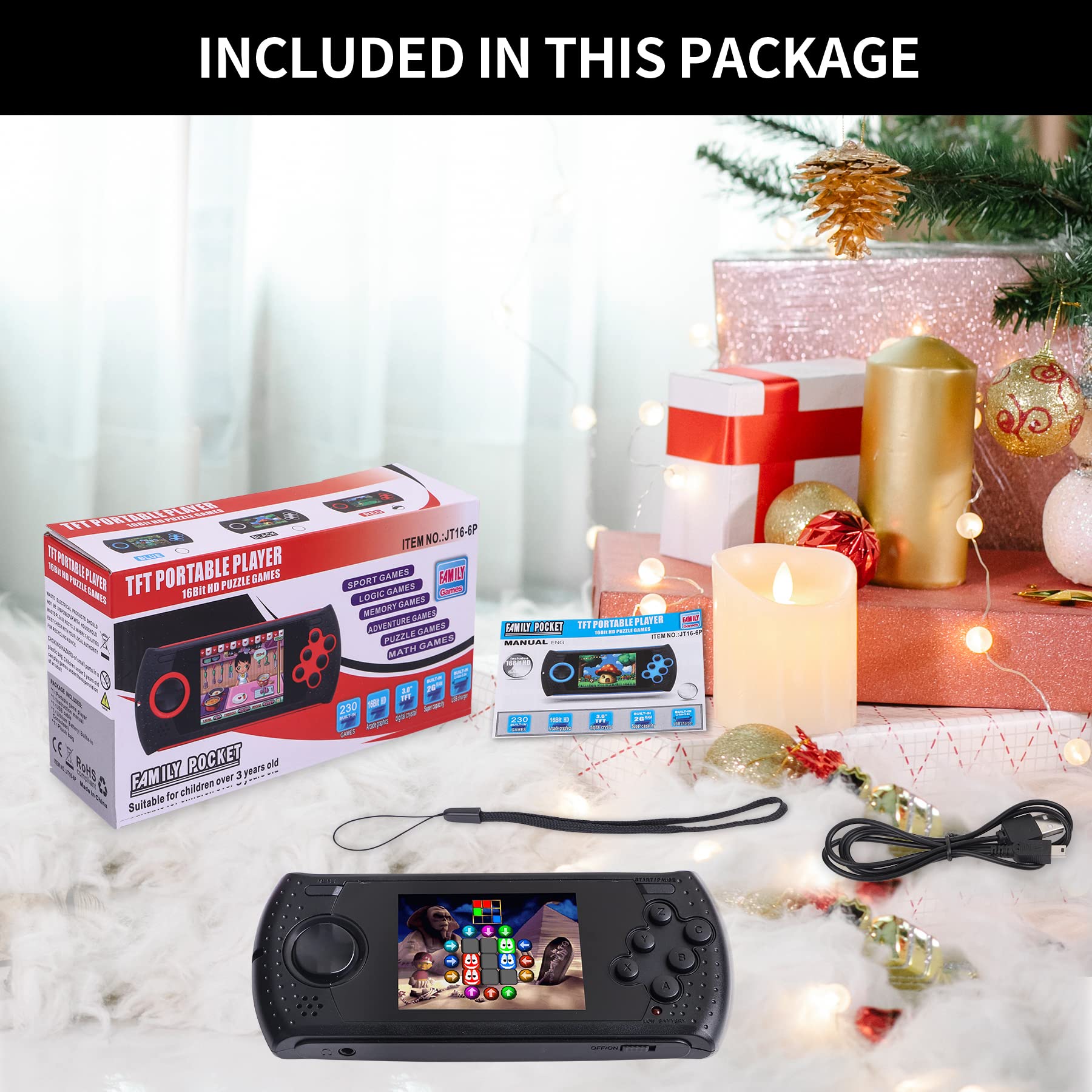 16 Bit Handheld Game Console for Kids - Built-in 230 HD Classic Retro Video Games, USB Rechargeable, 3.0 Inch Screen | Portable Gaming System for Boys & Girls Ages 4-12 | Perfect for Travel, Road Trips & Indoor Entertainment