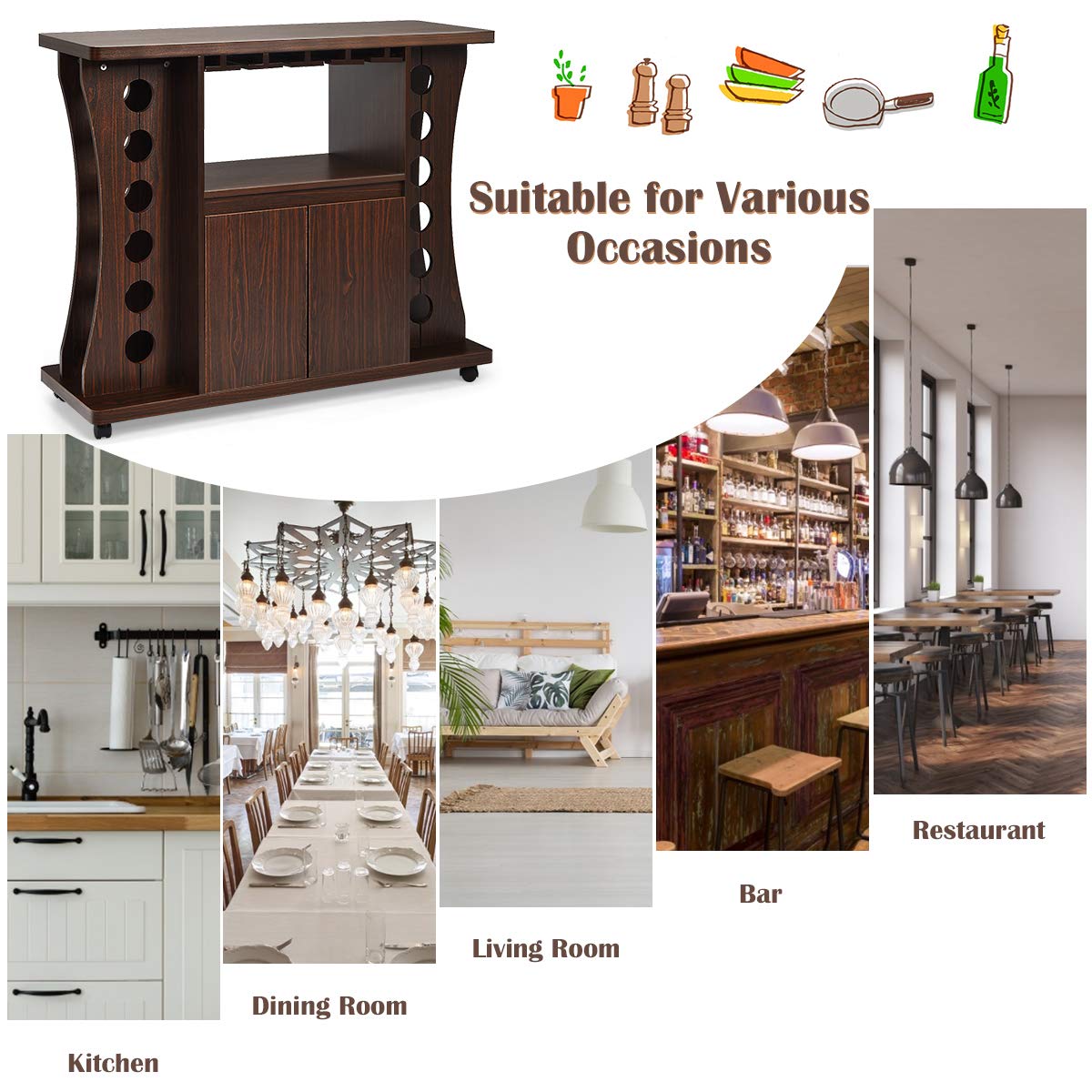 Giantex 12-Bottle Rolling Bar Cabinet with Glass Holder - 2-Door Mobile Buffet Sideboard with Storage for Wine, Liquor & Kitchen Essentials - Perfect for Dining Room, Living Room & Home Entertaining (Brown)