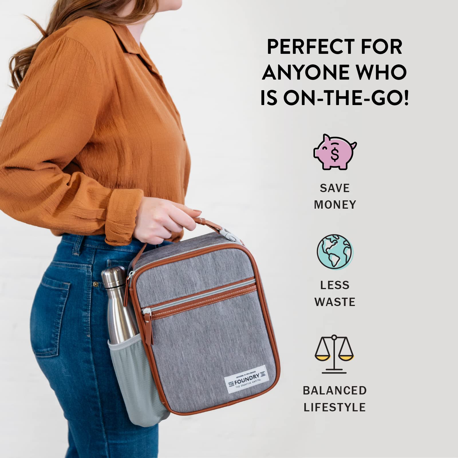 **Fit & Fresh Foundry Insulated Lunch Bag with 2 BPA-Free Food Containers - Reusable Lunch Box & Soft Mini Cooler for School, Work, Picnics & Travel - Grey**    *(Perfect for keeping meals fresh at the office, school lunches, outdoor adventures, or road trips!)*
