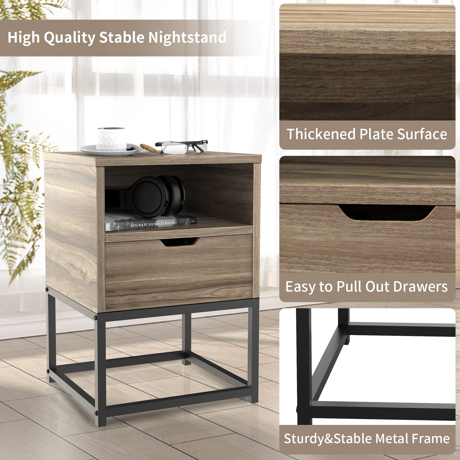 Modern Nightstand Set of 2 with Drawer & Shelf - Walnut Brown Bedside Tables for Bedroom, Living Room, Office - Easy Assembly - Perfect for Storing Books, Lamps & Bedroom Essentials