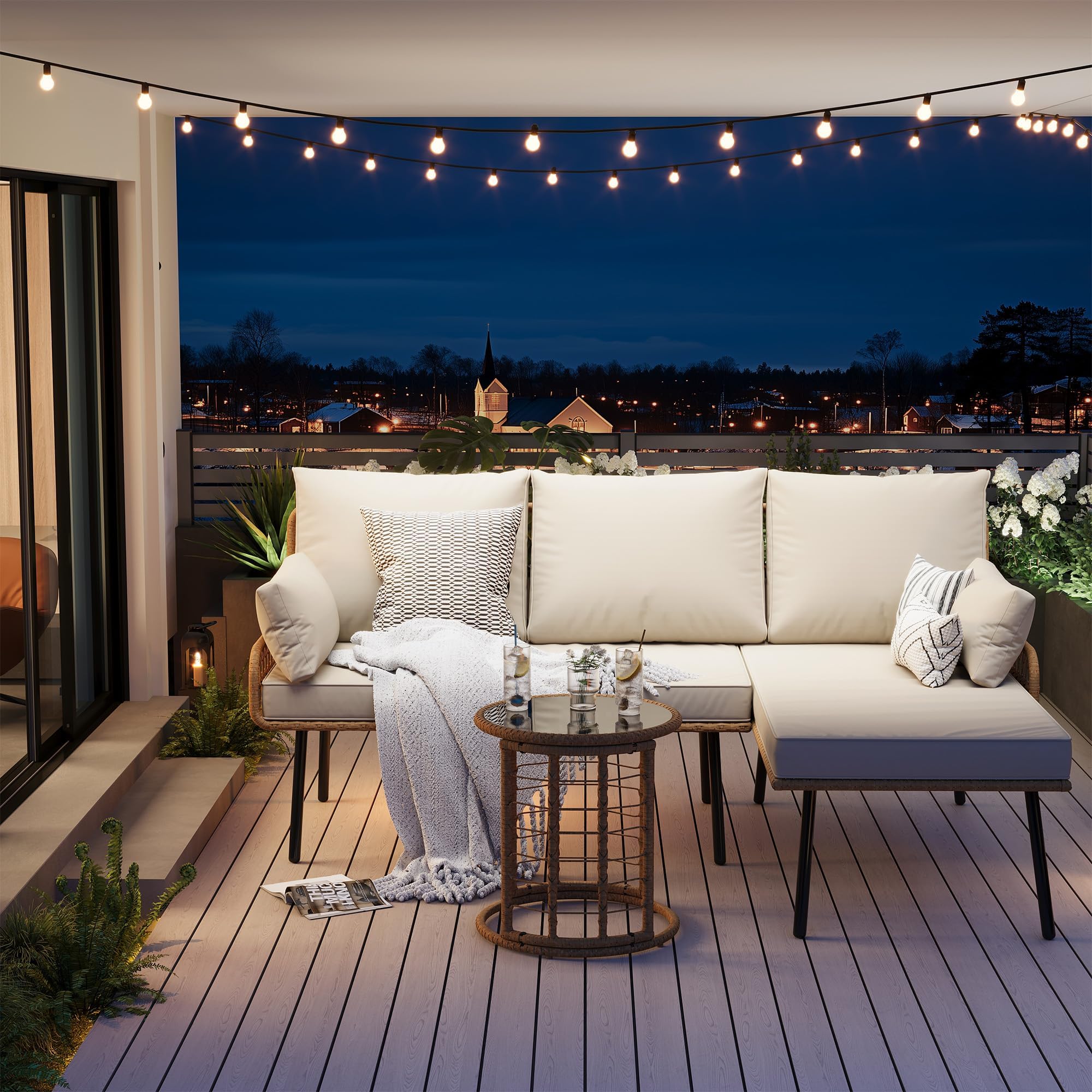 GARVEE 3-Piece All-Weather Wicker Patio Furniture Set - Outdoor L-Shaped Sectional Sofa with Washable Cushions & Tempered Glass Coffee Table - Perfect for Deck, Poolside, Backyard, Garden & Outdoor Lounge Areas