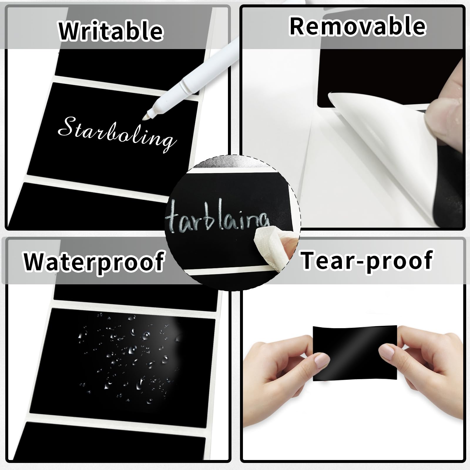 Starboling Chalkboard Labels 300 Pcs - 2.4x1.6 Inch Reusable Square Chalk Stickers with White Chalk Marker | Waterproof Blackboard Stickers for Jars, Bottles, Storage Bins & Kitchen Organization | Perfect for Pantry, Spice Jars, and Home Labeling Needs