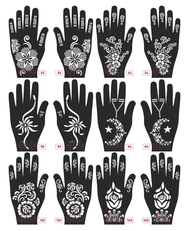 APCUTE 12-Piece Henna Stencil Sticker Set - Easy DIY Temporary Tattoo Designs for Women, Girls & Kids (Styles 33,34,83,84,161,162) - Perfect for Parties, Weddings & Festive Celebrations