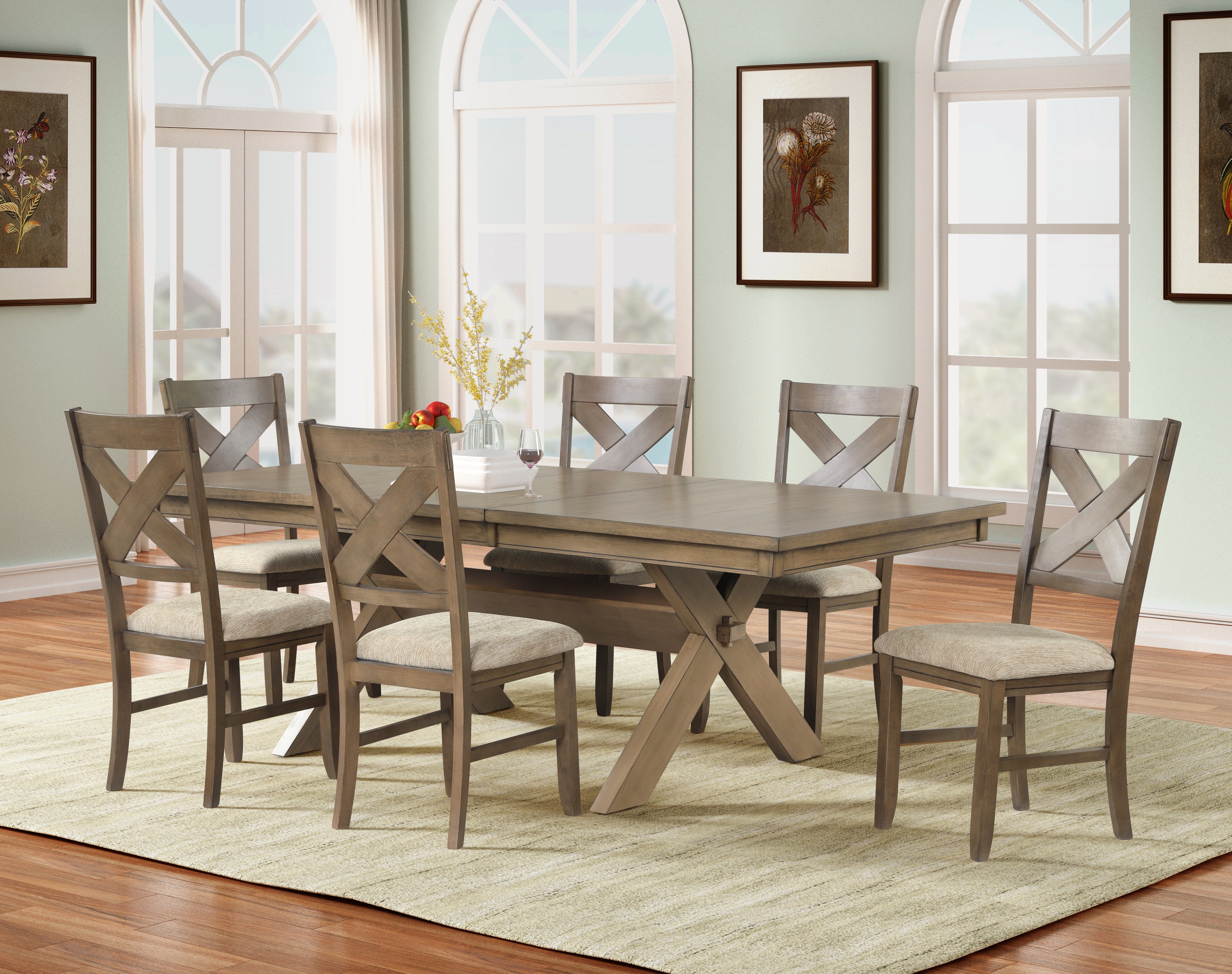 Raven Wood 7-Piece Extendable Trestle Dining Table Set with 6 Chairs - Glazed Pine Brown Finish - Perfect for Family Dinners, Entertaining Guests & Small Space Dining Rooms