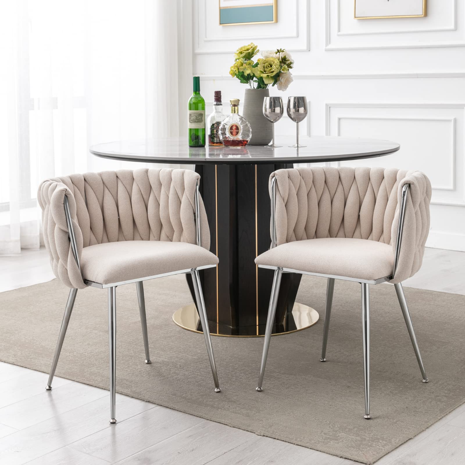 LukeAlon Modern Linen Dining Chairs Set of 2 - Woven Backrest Leisure Chairs with Silver Metal Legs, Upholstered Side Chairs for Living Room, Kitchen, Dining Room & Vanity - Beige Home Decor Accent Chairs for Comfortable Seating & Stylish Interior Design
