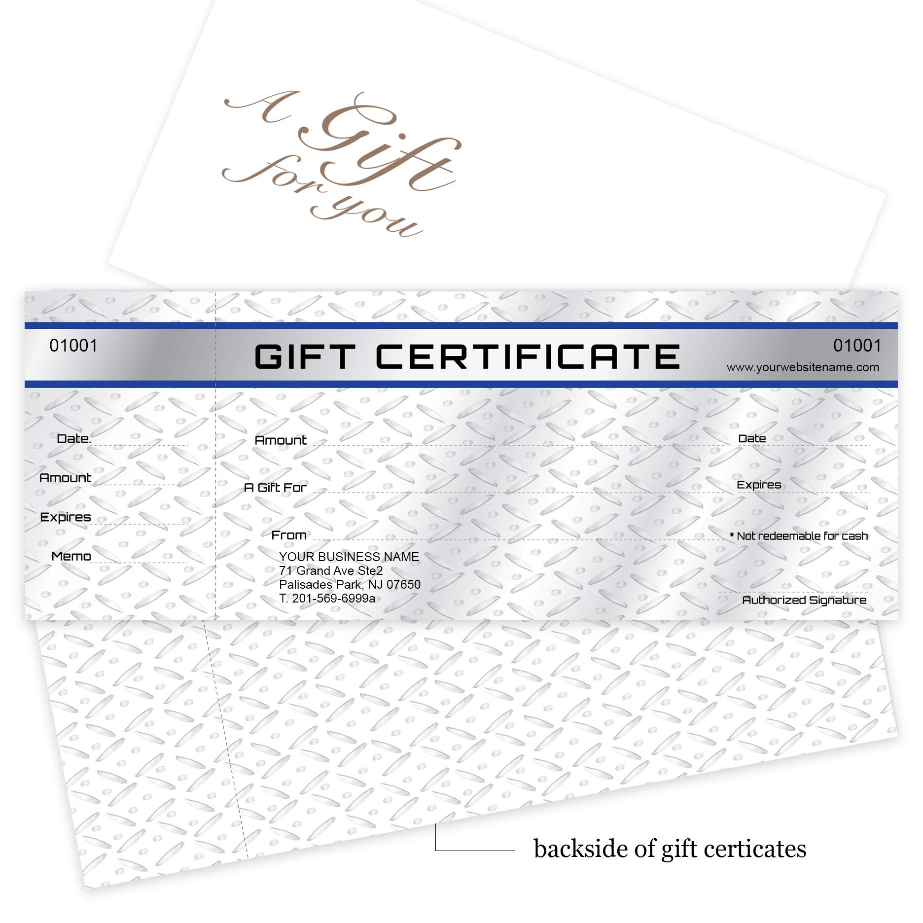 Personalized Gift Certificate Cards with Envelopes - 100 Pack Metal Plate Design - Custom Coupons & Vouchers for Small Business - Perfect for Retail Rewards, Employee Recognition & Customer Loyalty Programs